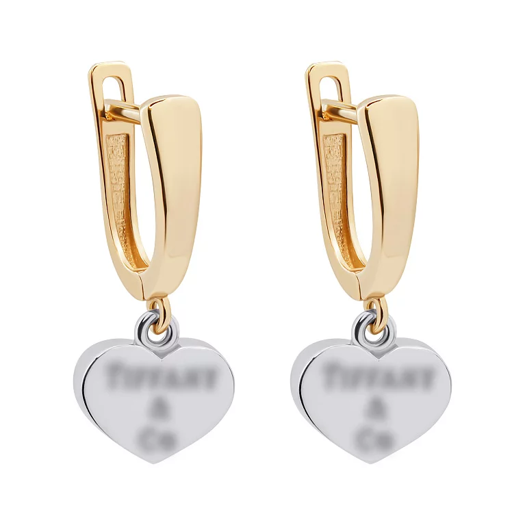 Сережки з комбінованого золота з підвісами "Сердечки". Артикул 2076933: ціна, відгуки, фото – купити в інтернет-магазині AURUM