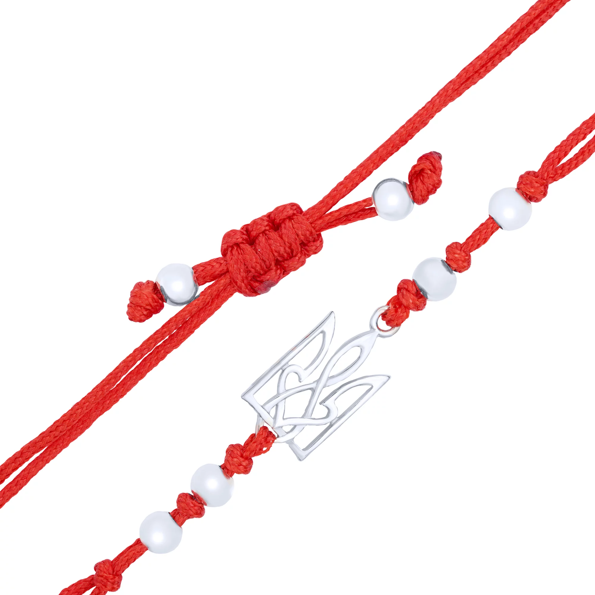 Красный шелковый браслет с серебряной вставкой "Тризуб-Герб Украины" - 1706421 – изображение 2