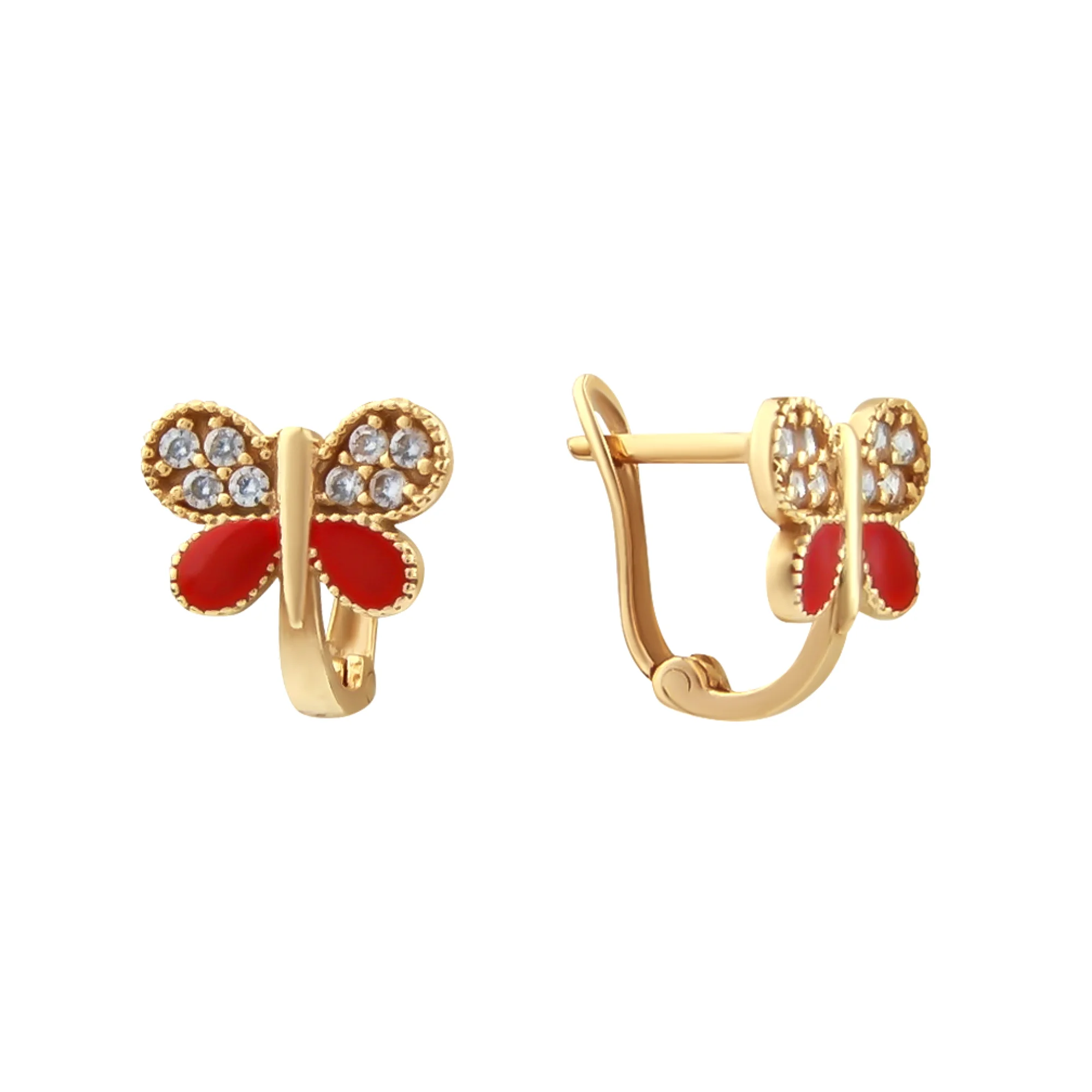 Серьги с эмалью и фианитами "Бабочка" в красном золоте - 679186 - 1