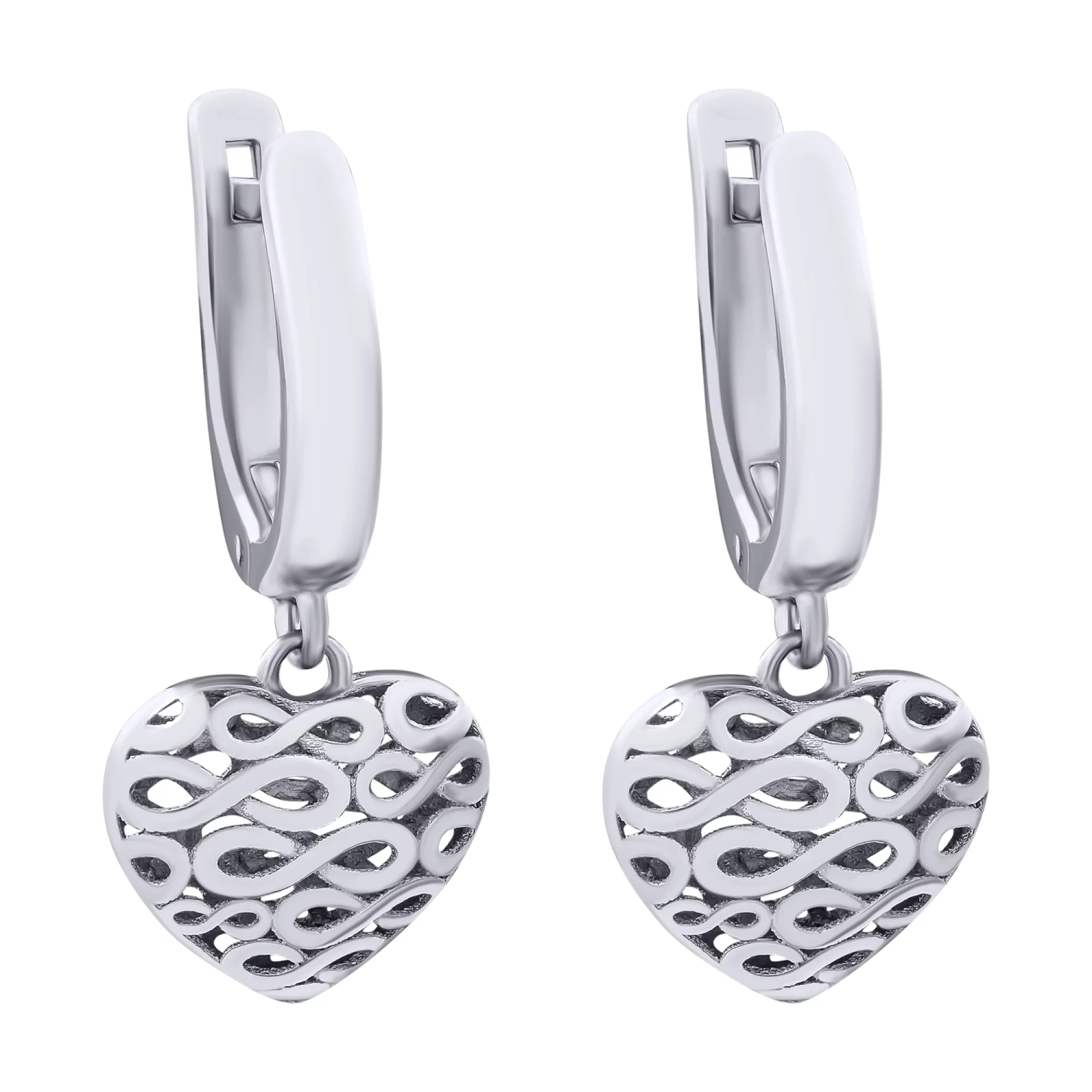 Сережки серебряные с платиновым покрытием и подвесками "Сердца" - 878663 – изображение 1