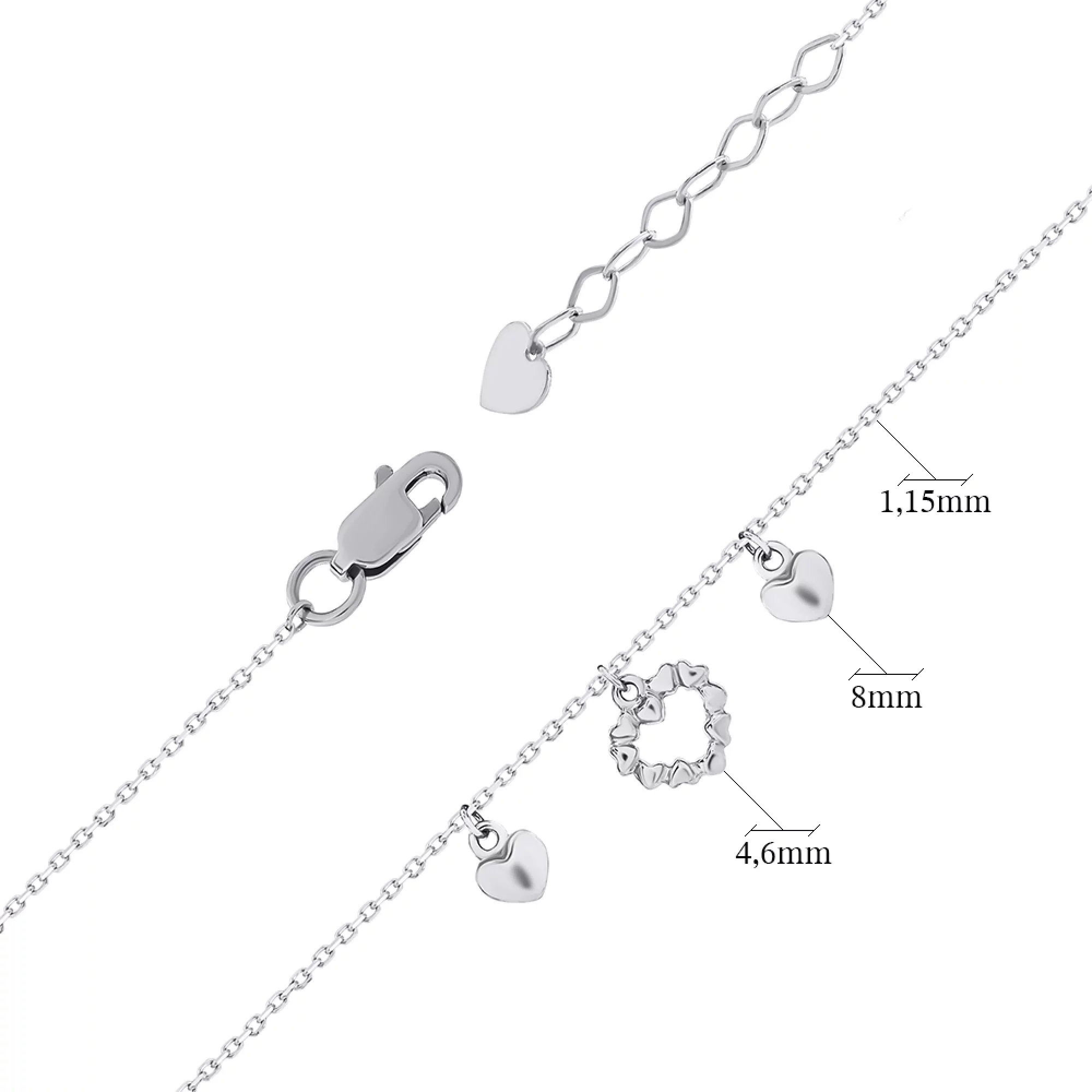 Браслет из серебра с подвесами "Сердца" якорное плетение - 1453617 – изображение 3