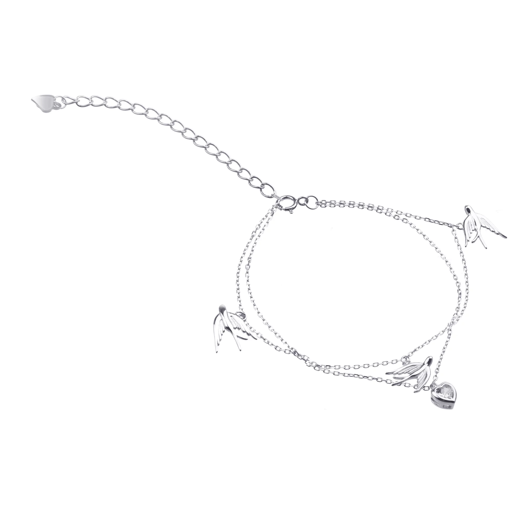 Срібний браслет з підвісами і фіанітом Ластівки та Серце плетіння Якір - 1418829 – зображення 1
