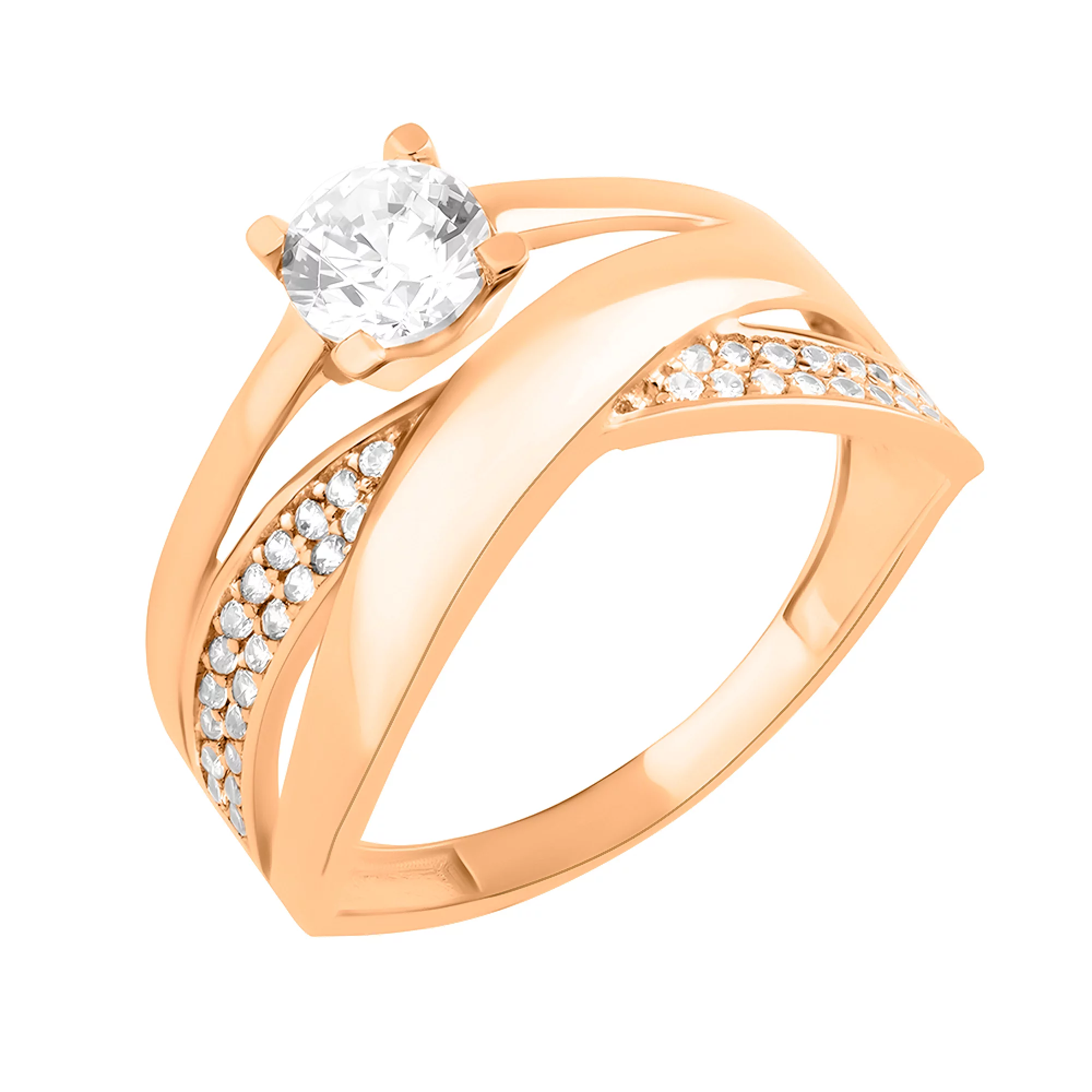 Широкое кольцо из красного золота с фианитами - 1523352 – изображение 1