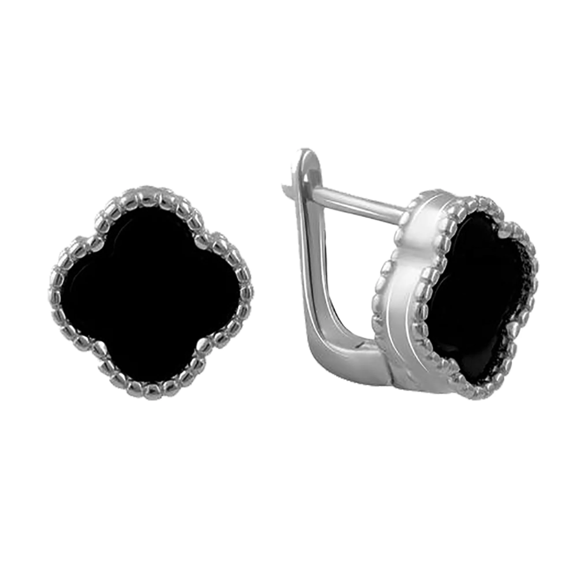 Сережки Клевер из серебра с ониксом - 970560 – изображение 1
