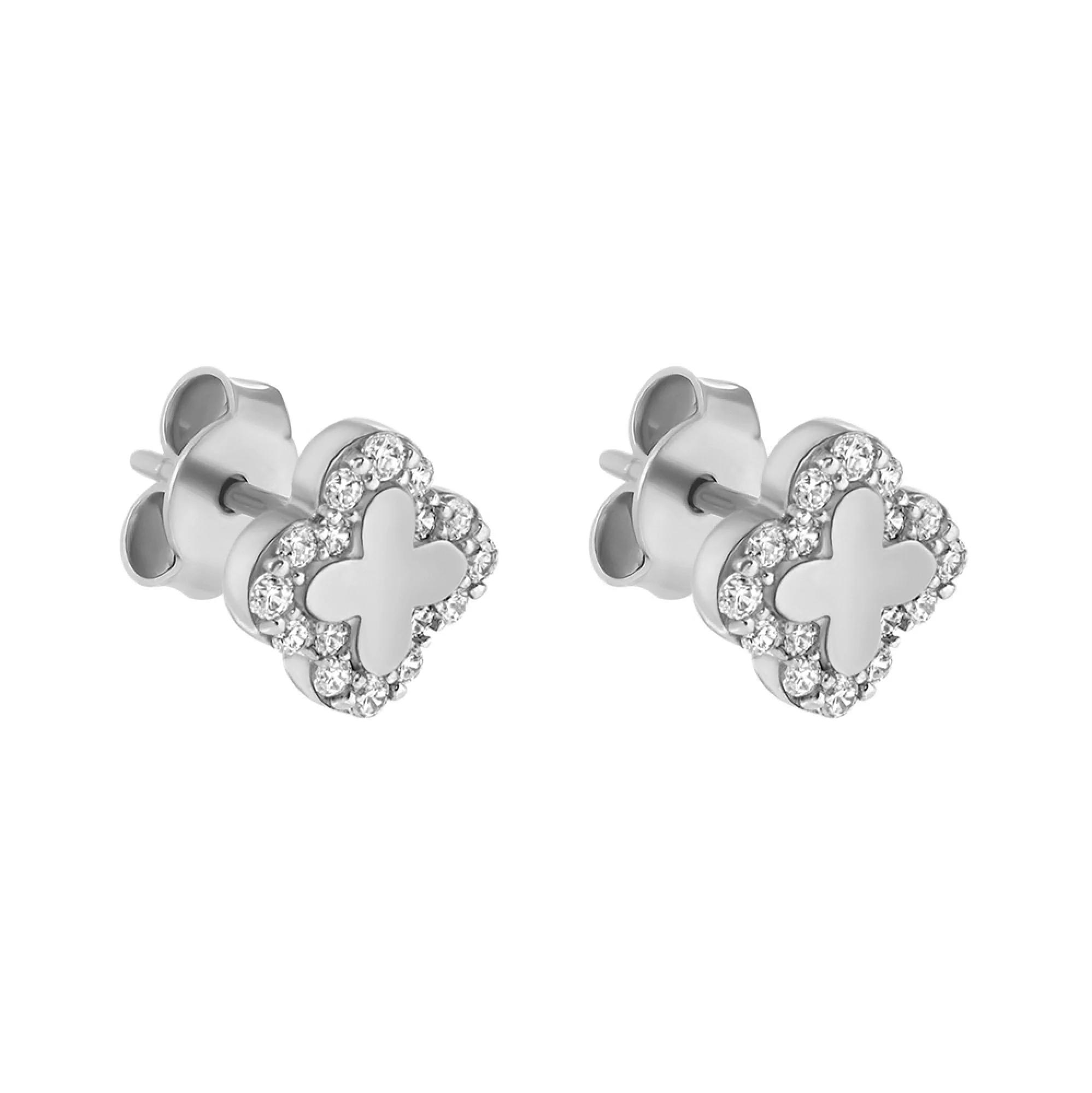 Сережки-гвоздики из белого золота Клевер с фианитом - 1095065 – изображение 1