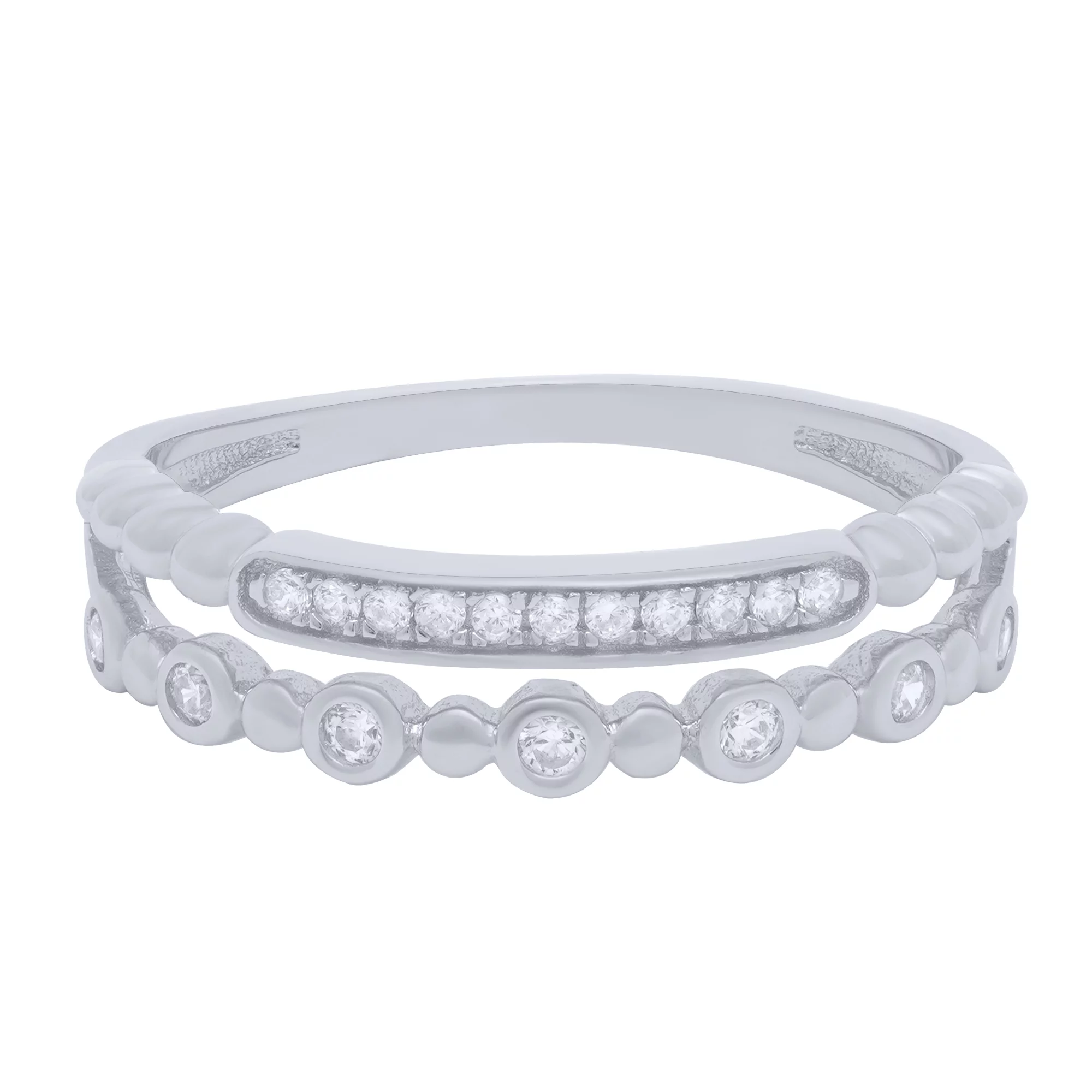 Серебряное двойное кольцо с дорожкой фианиту - 1639757 – изображение 2