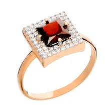 Каблучка "Квадрат" з червоного золота з гранатом і фіанітами - 963572