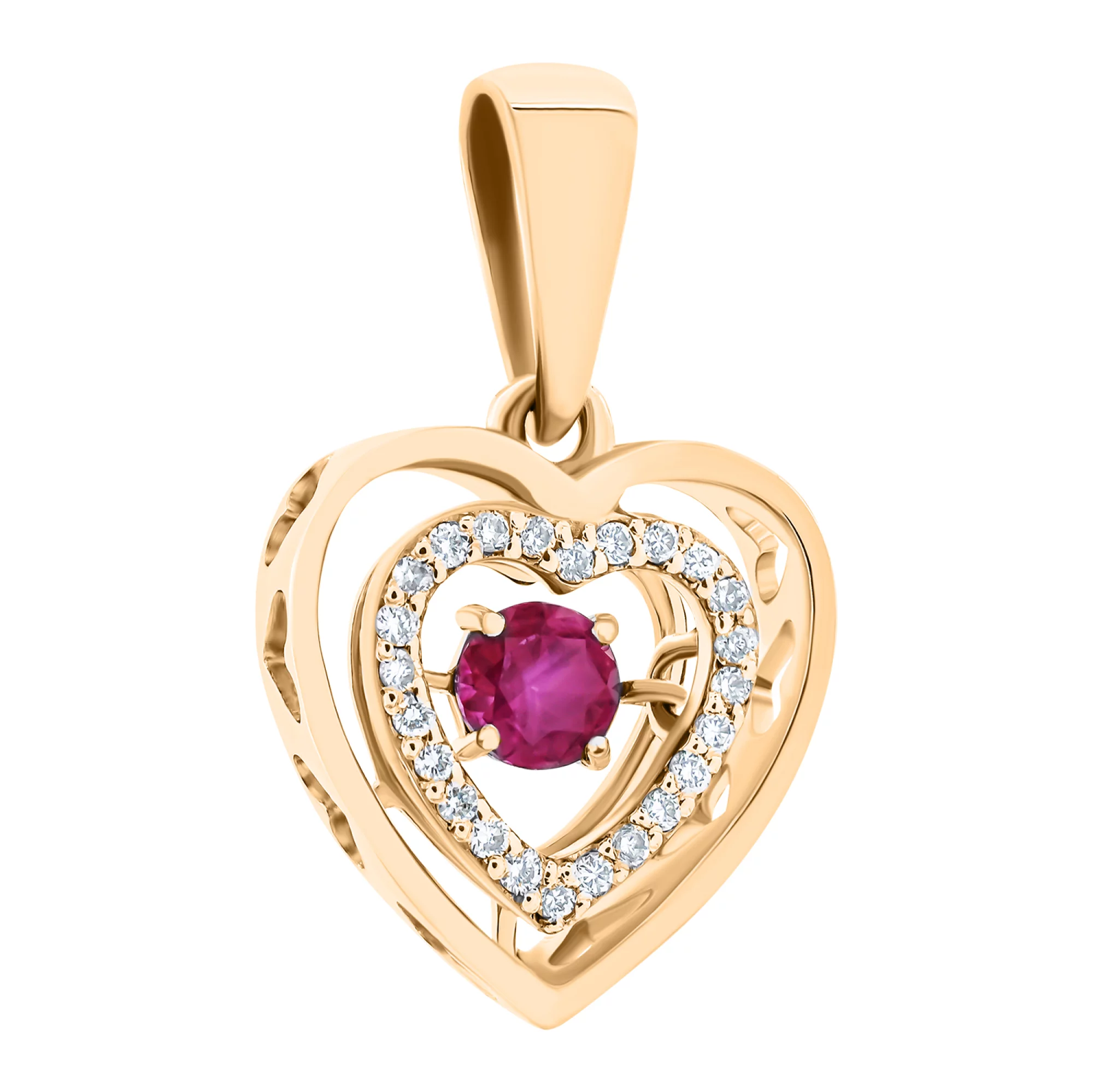 Підвіска "Сердечка" в червоному золоті з доріжкою діамантів і рубіном - 1707243 – зображення 1