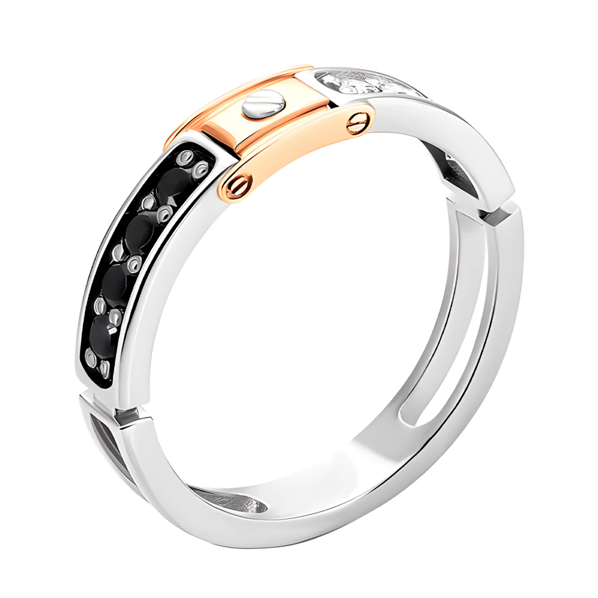 Перстень з комбінованого золота з чорним та білим фіанітом - 907513 – зображення 1