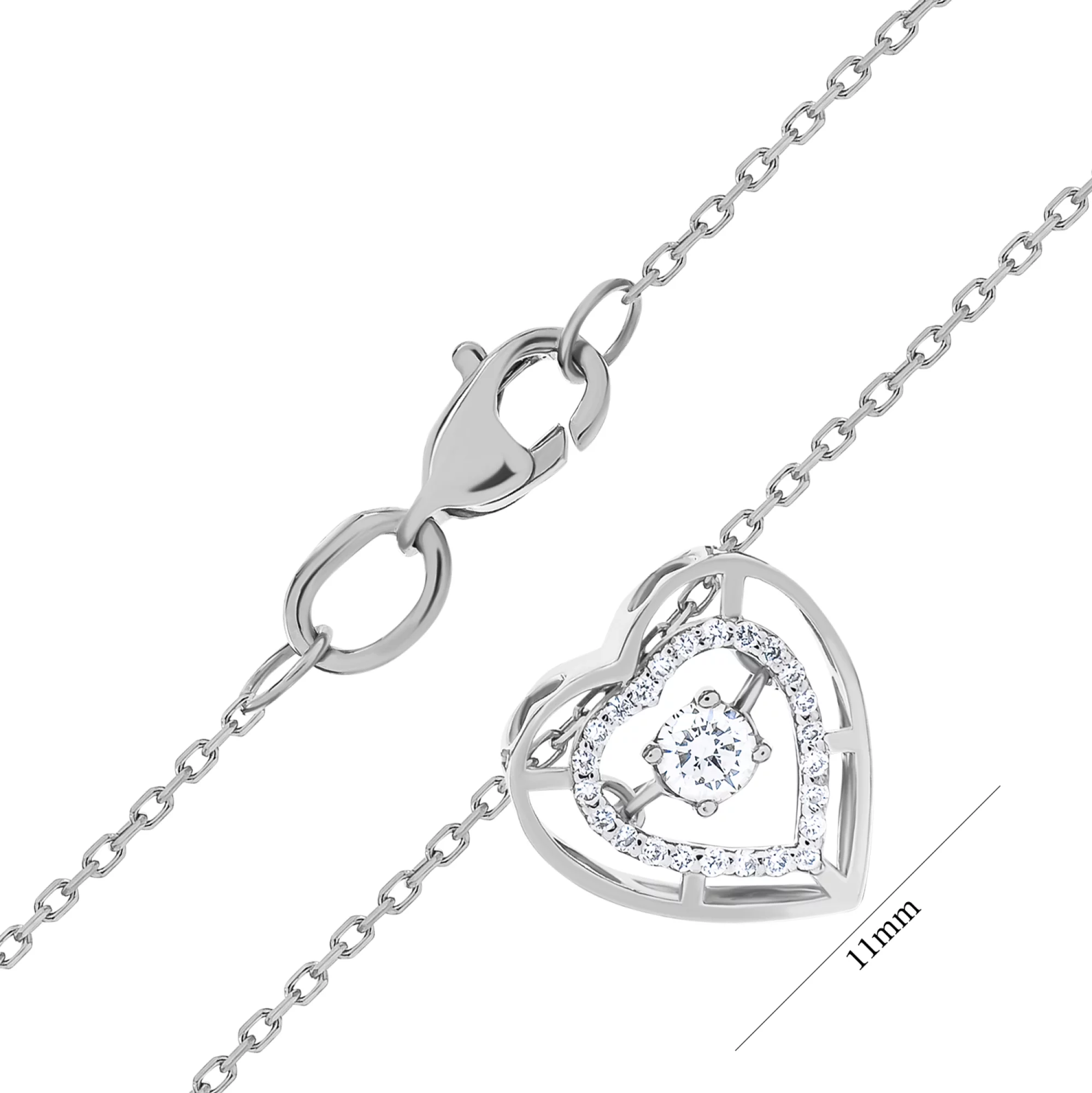 Ланцюжок з підвіскою з білого золота "Сердечка з танцюючим діамантом" плетіння якірне - 1531367 – зображення 3