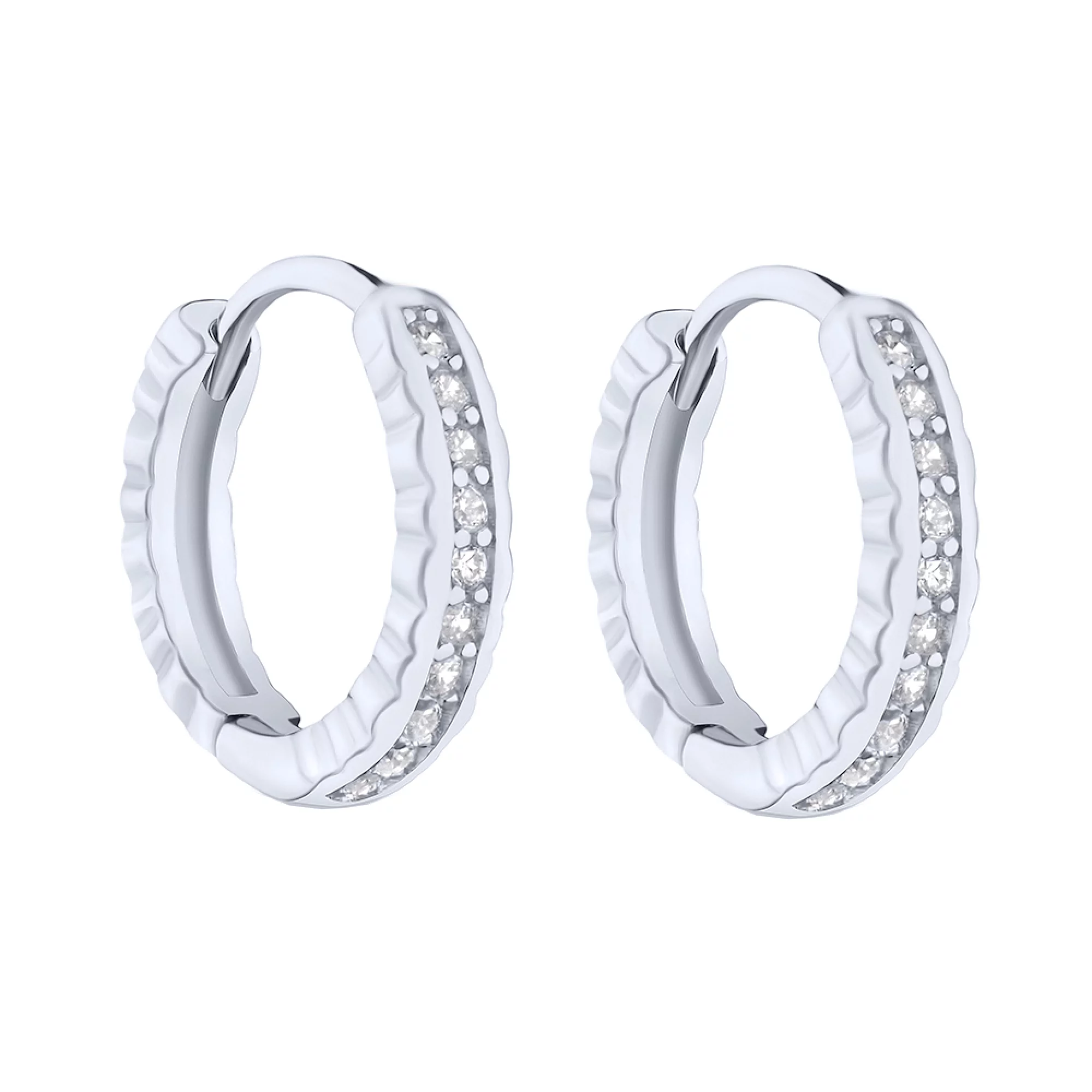 Срібні сережки-кільця з доріжкою фіанітів - 1625073 – зображення 1