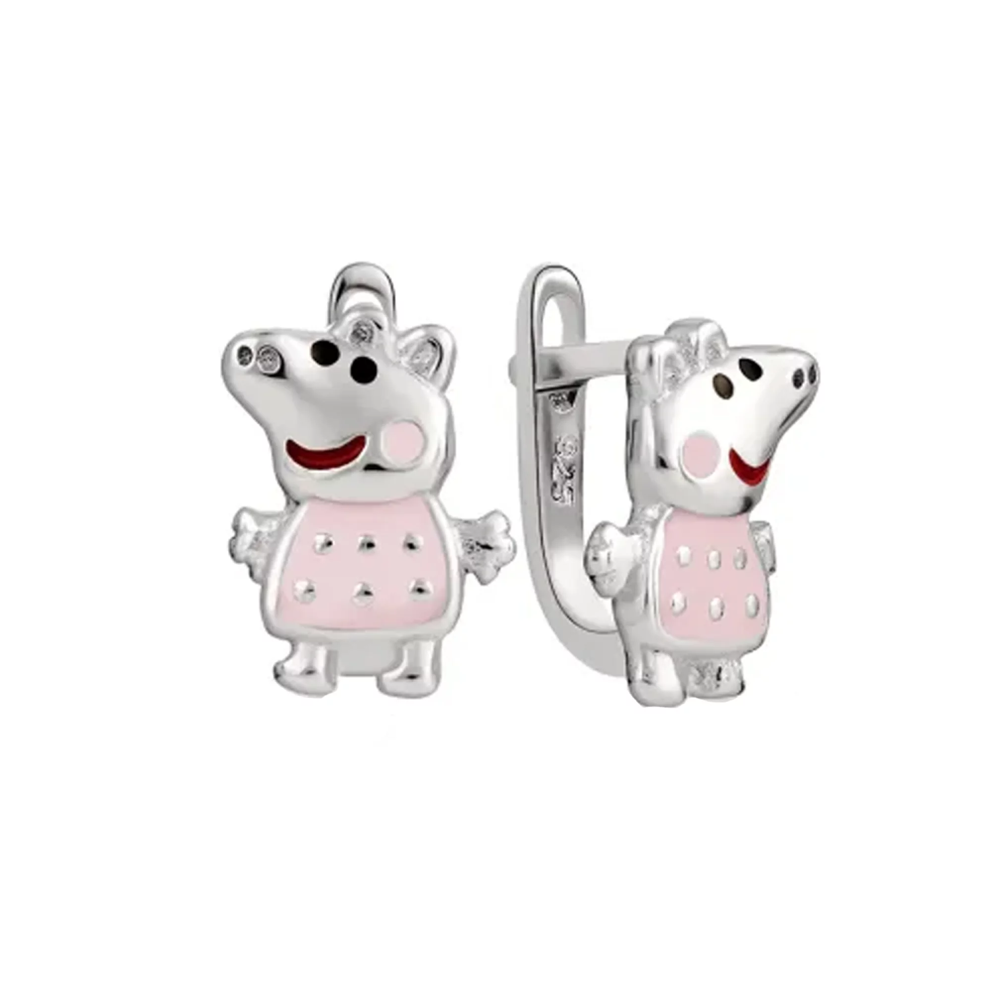 Серебряные серьги "Свинка Пеппа" с эмалью - 1588503 – изображение 1