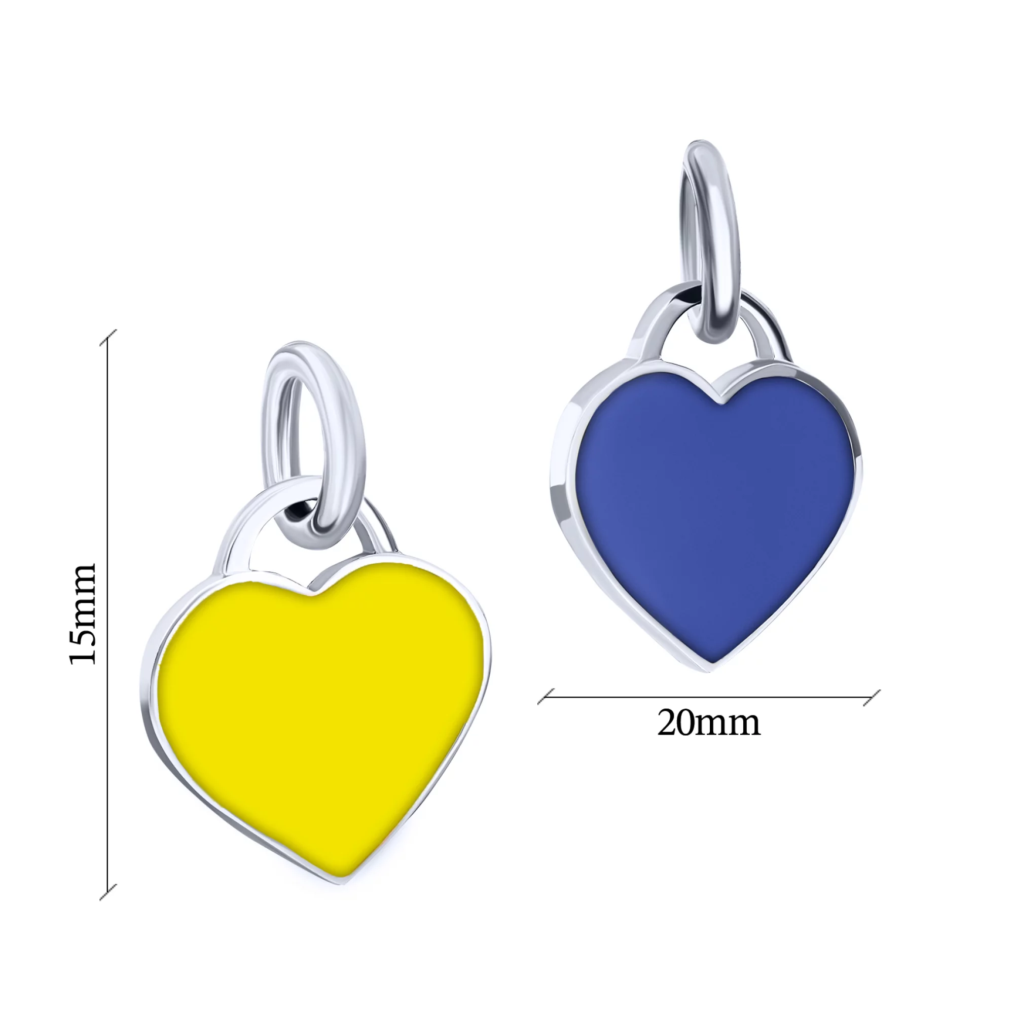 Подвійна срібна підвіска з синім і жовтим сердечком - 1625195 – зображення 2