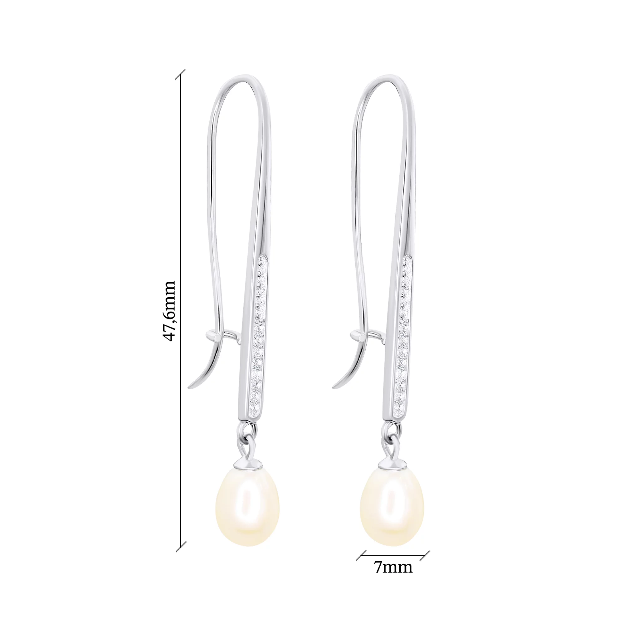 Срібні сережки з підвіскою перлами та фіанітами - 1535277 – зображення 3