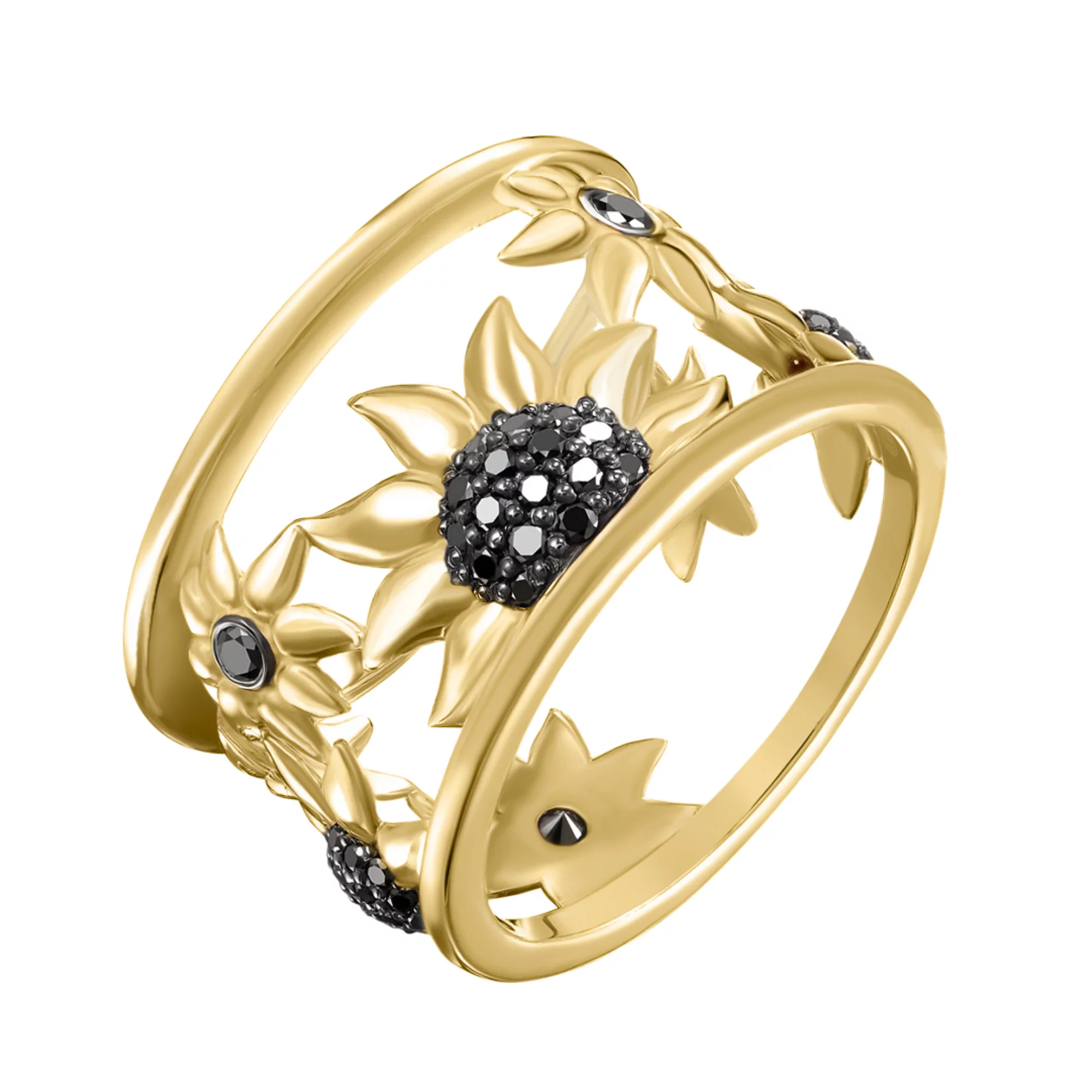 Широкое кольцо из лимонного золота "Соняхи" с бриллиантами - 1761623 – изображение 1