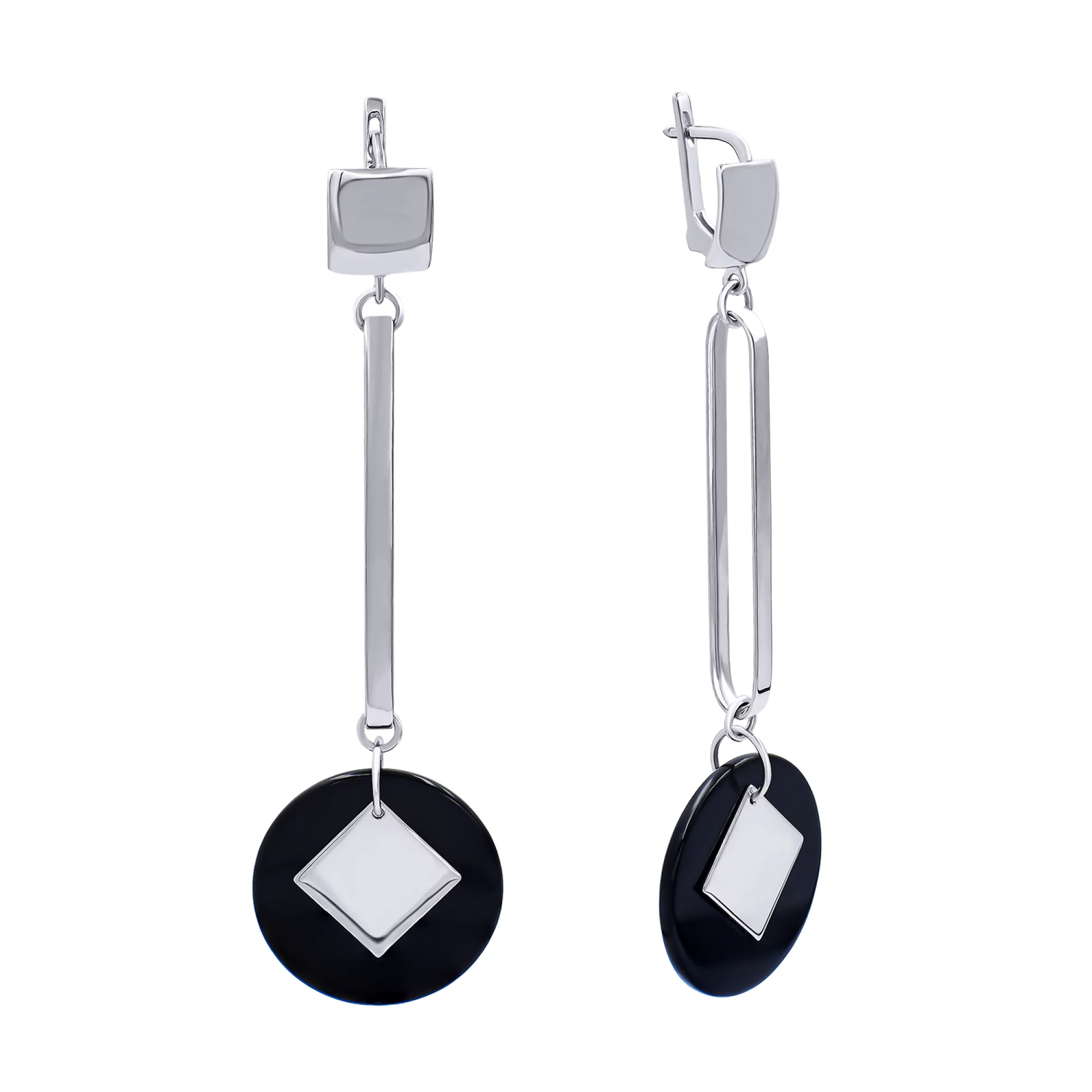 Сережки из серебра с подвесами и агатом "Геометрия" - 773480 – изображение 1