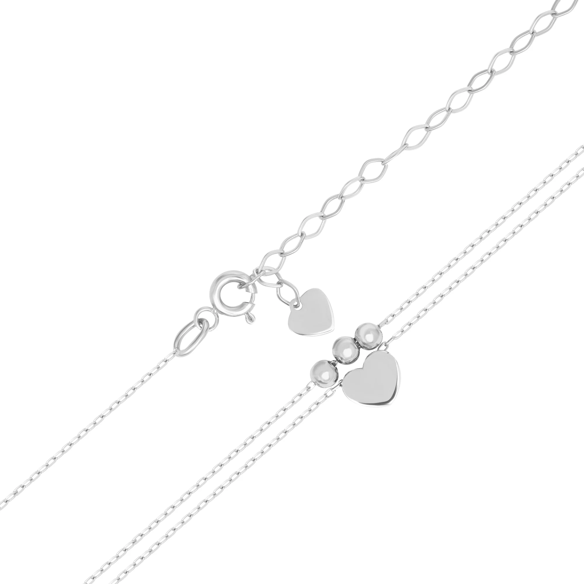 Кольє подвійне в білому золоті з серцем і кульками плетіння якір - 1649753 – зображення 2