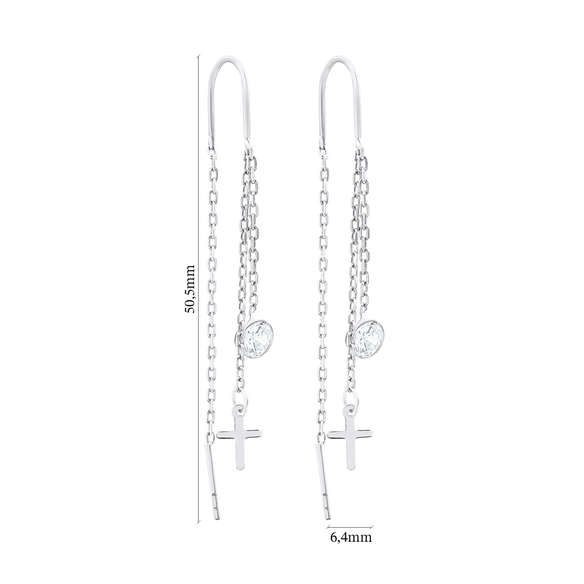 Сережки-протяжки зі срібла з підвісками хрестиками та фіанітами - 1520643 – зображення 2