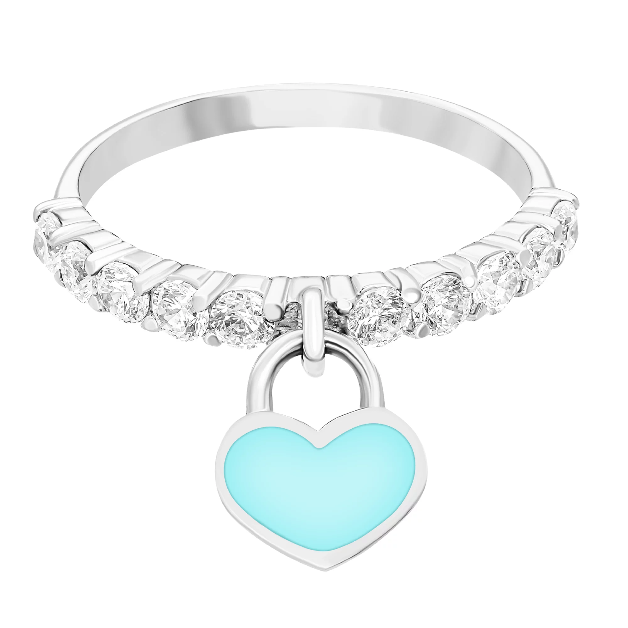 Срібна каблучка з фіанітами та підвісним сердечком з емаллю - 1549863 – зображення 2
