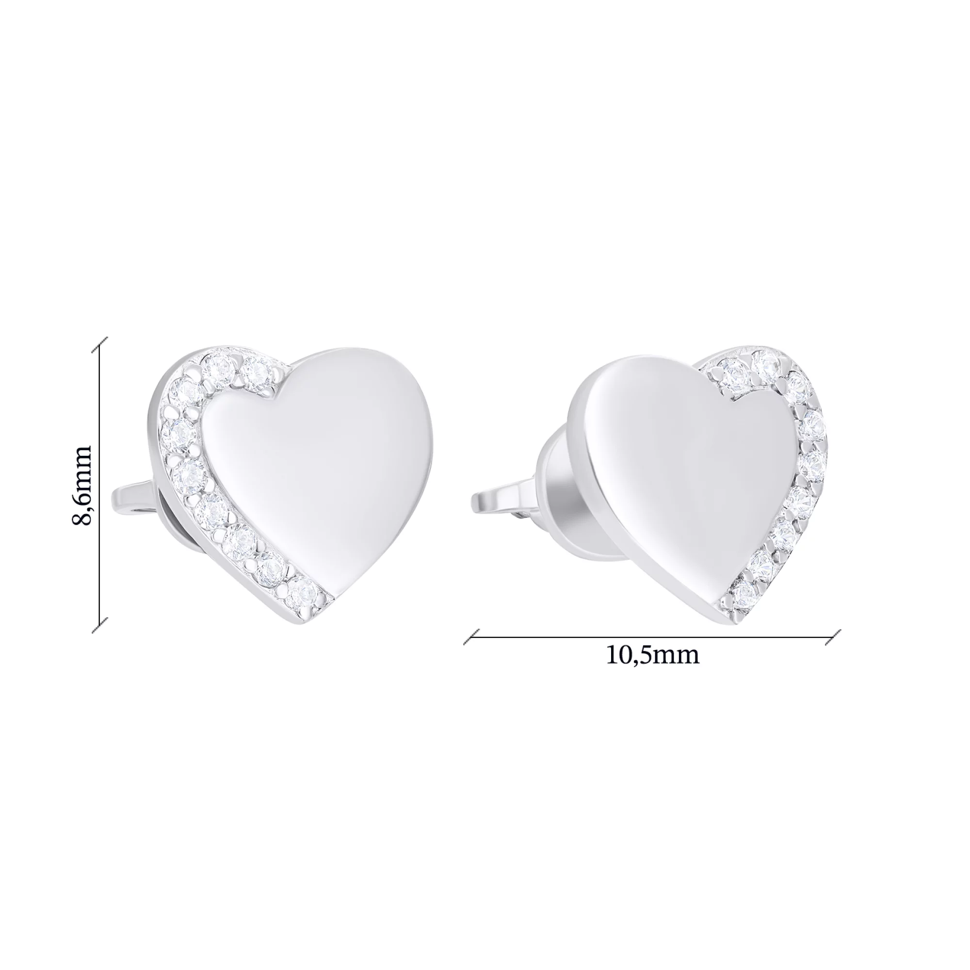 Срібні сережки-гвоздики "Сердечко" з фіанітами - 1548788 – зображення 3