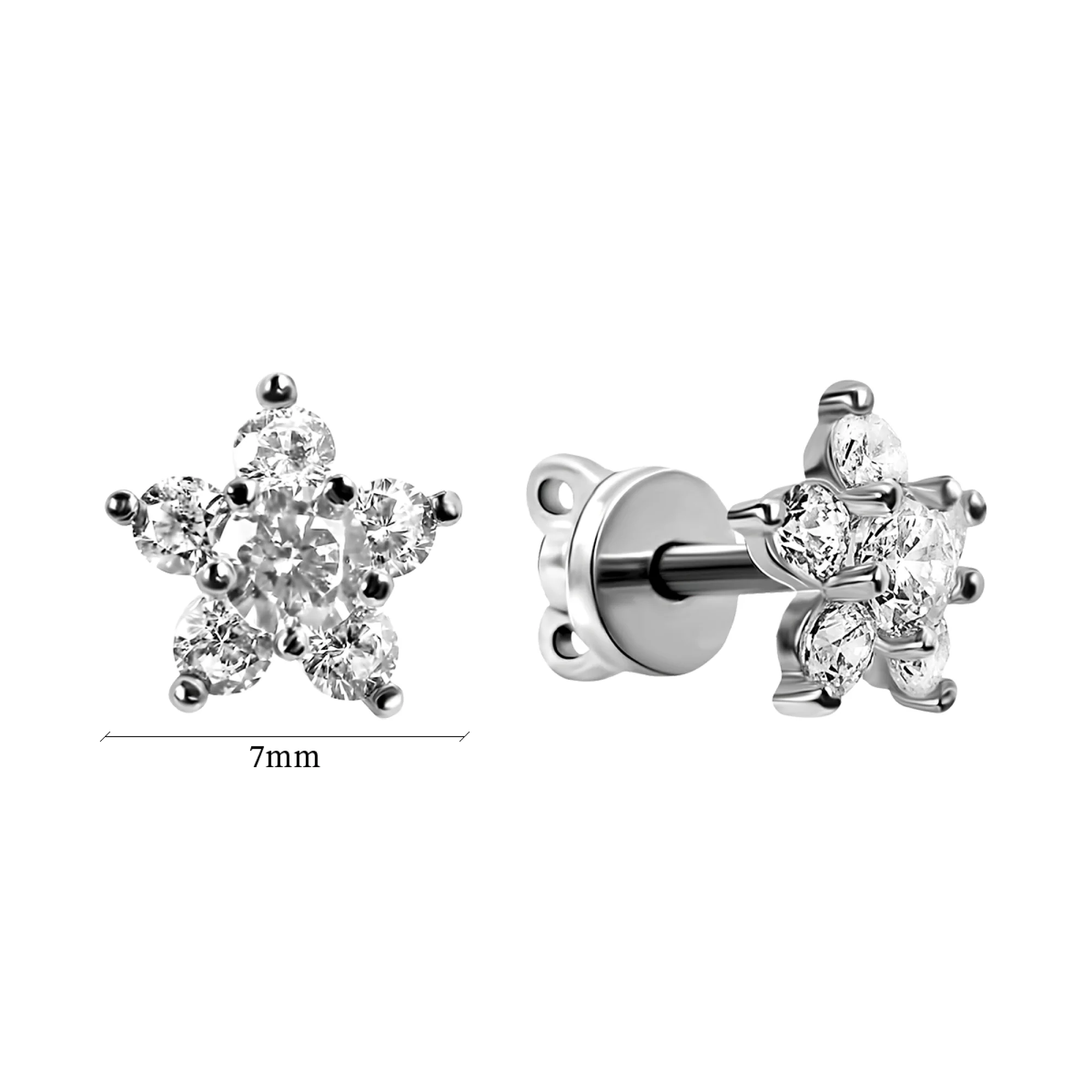 Серебряные серьги-гвоздики "Цветочки" с фианитами - 614414 – изображение 2