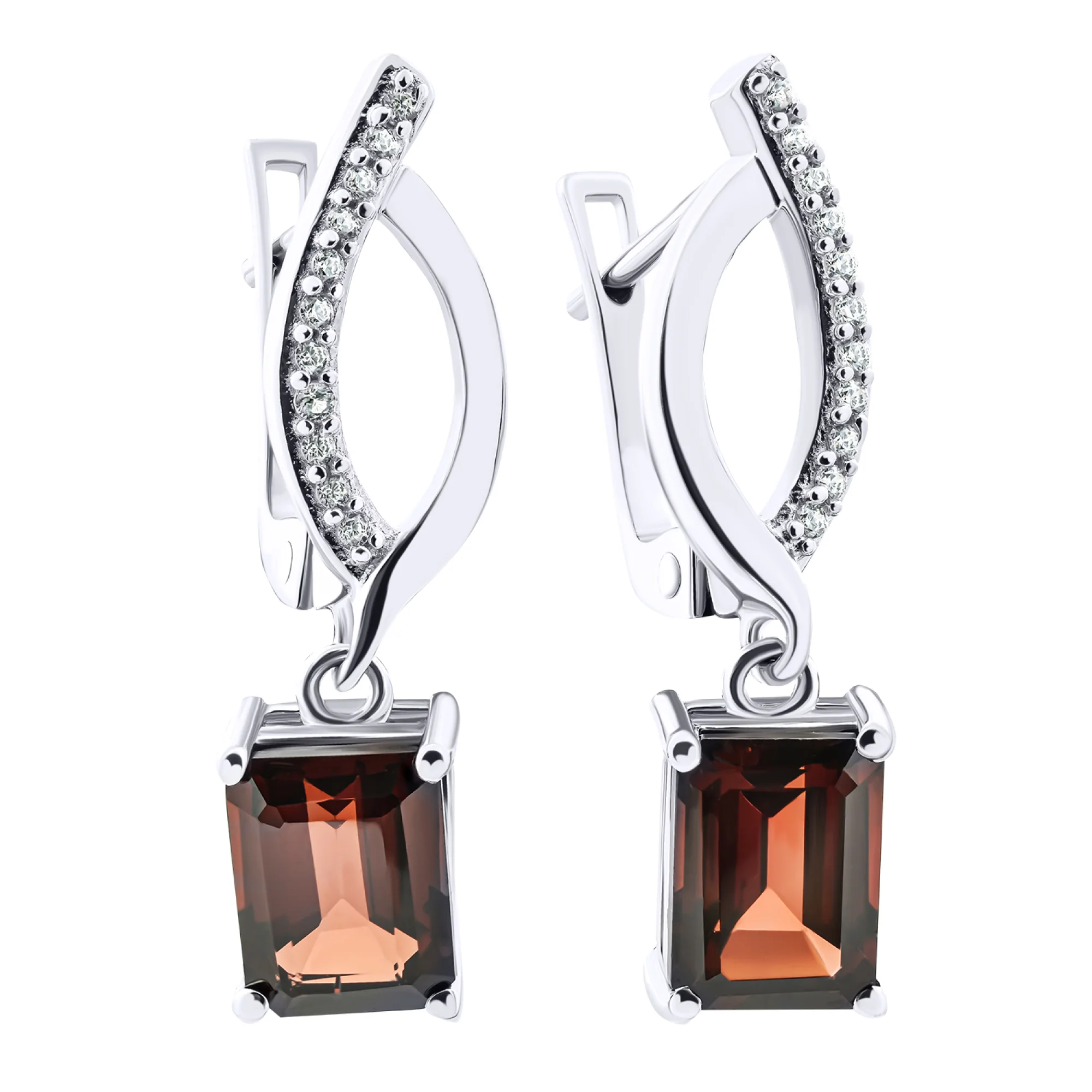 Серьги из серебра с подвесным гранатом и дорожкой фианитов - 1524830 - 1