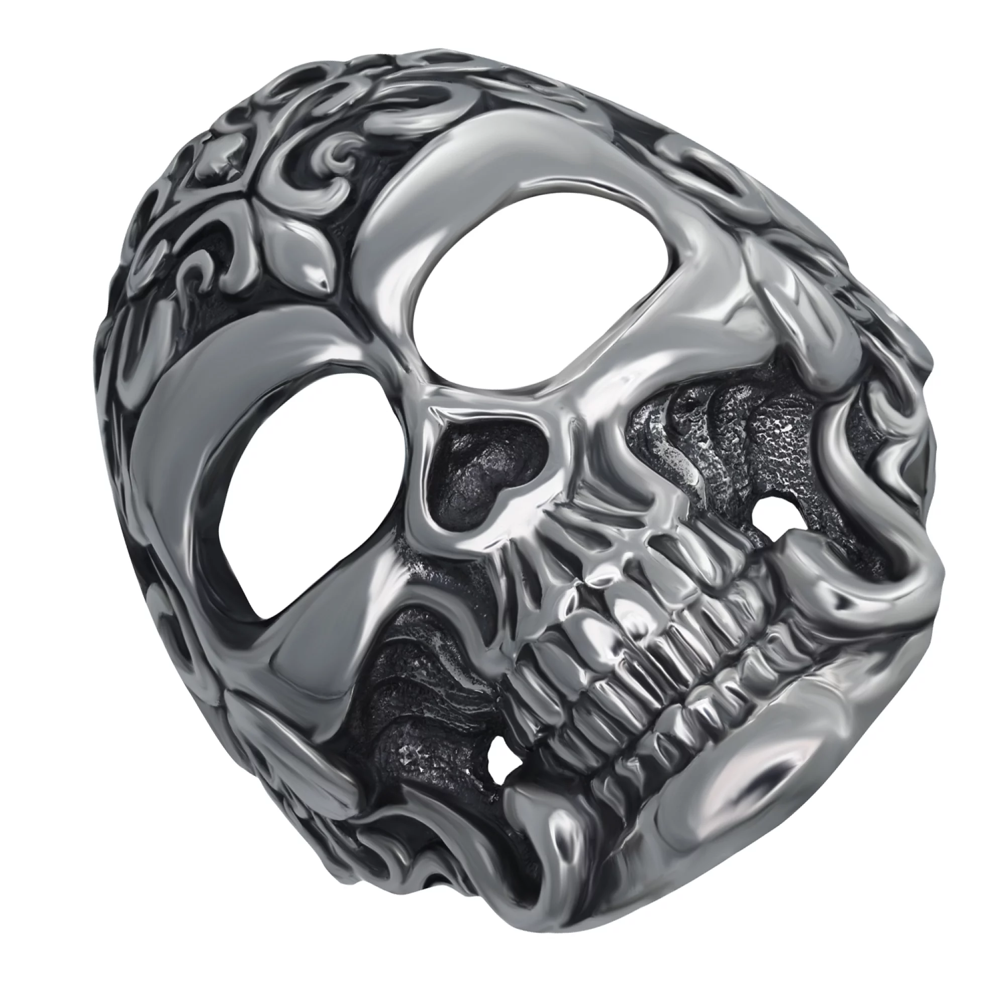 Перстень серебряный с чернением череп с узорами - 907522 – изображение 1