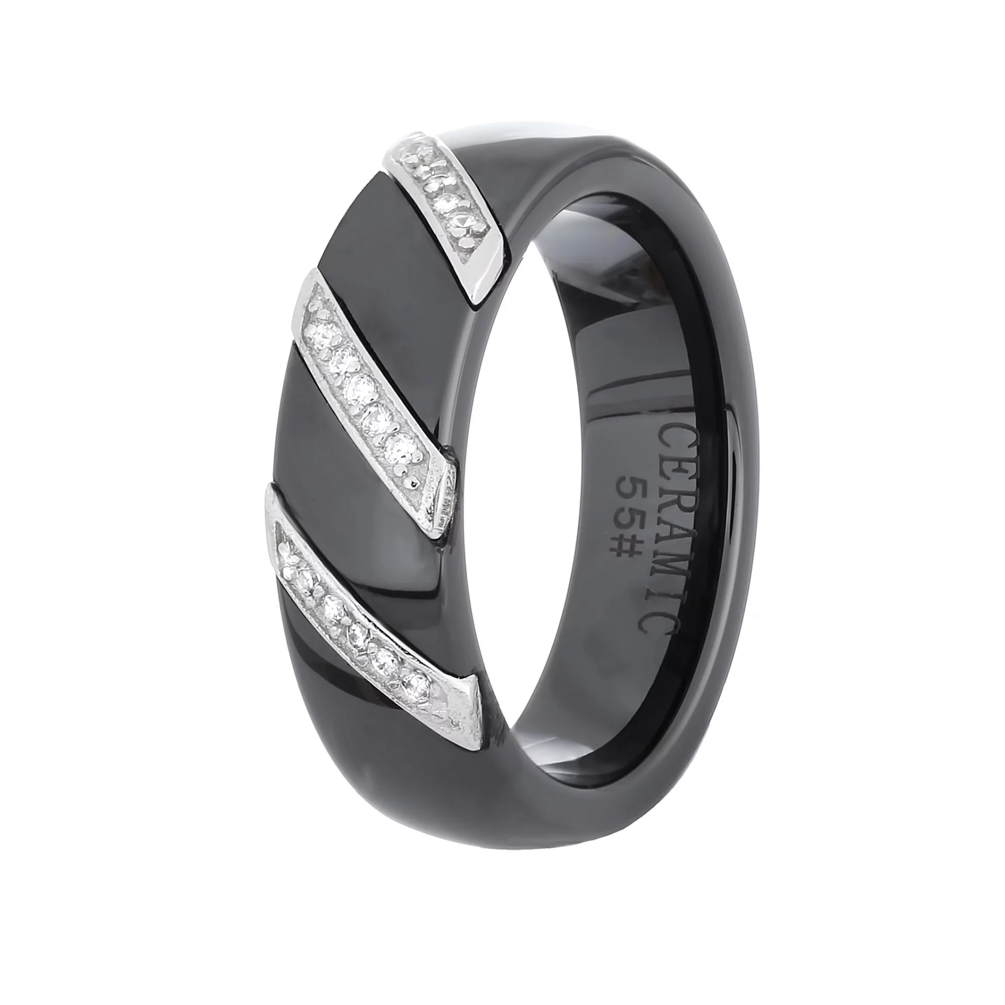 Керамическое кольцо с фианитом и серебряной вставкой - 1102518 – изображение 1