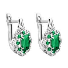 Стильні сережки "Квітка" з білого золота з діамантами та смарагдами - 2142192