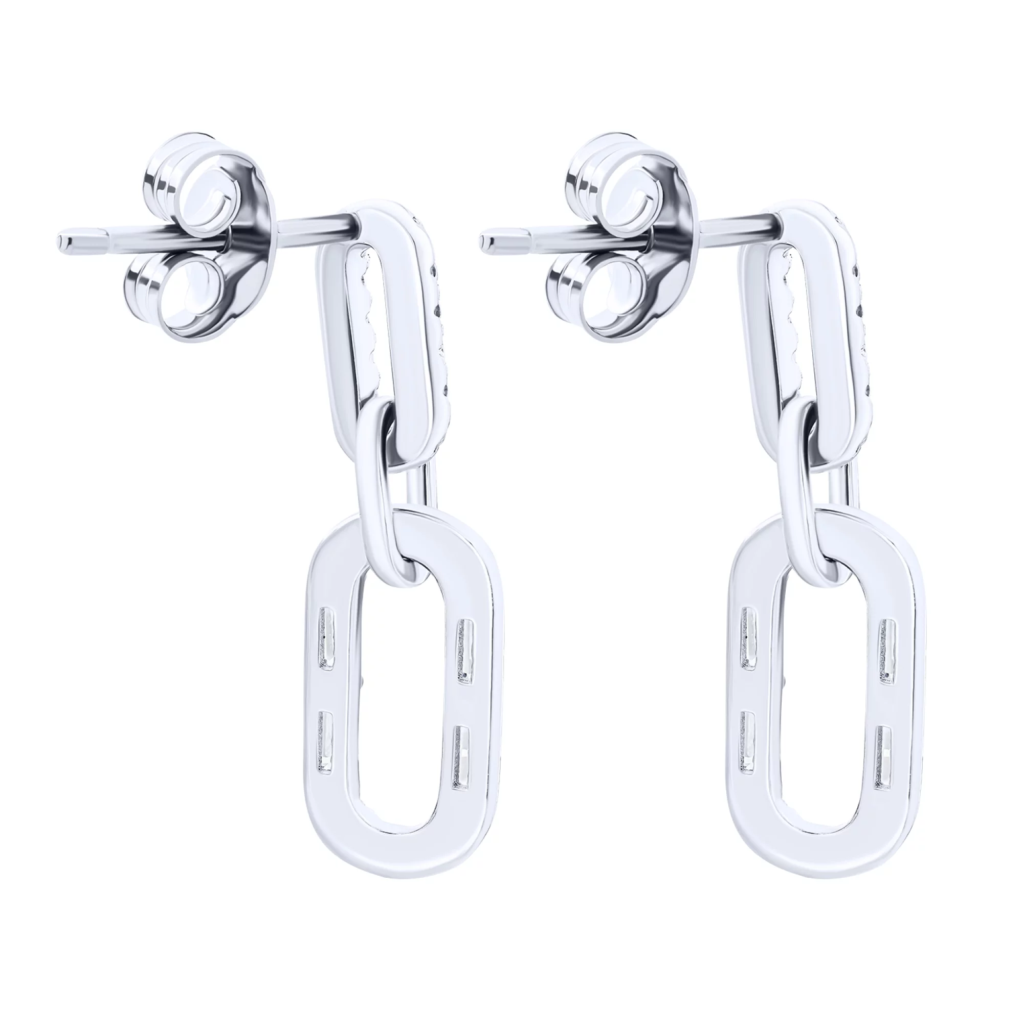 Сережки-гвоздики срібні з підвісками "Ланки" та фіанітами - 1572558 – зображення 2