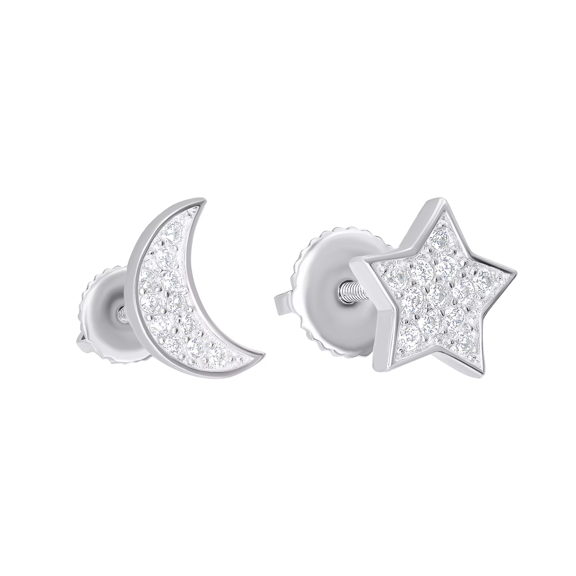 Сережки-гвоздики зі срібла з фіанітами "Місяць і Зірочка" - 1486354 – зображення 1