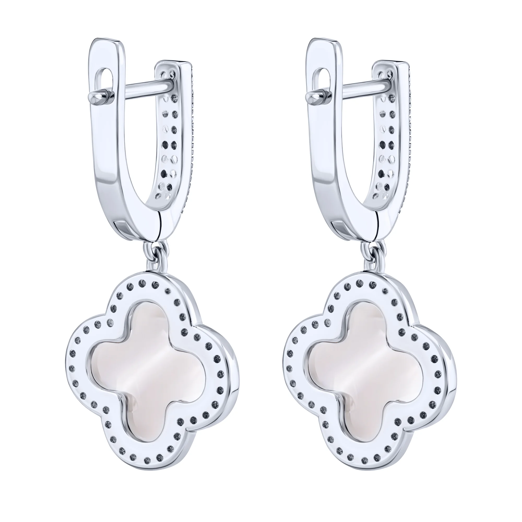 Серебряные серьги "Клевер" с фианитами, перламутром и подвесом - 2095283 - 2