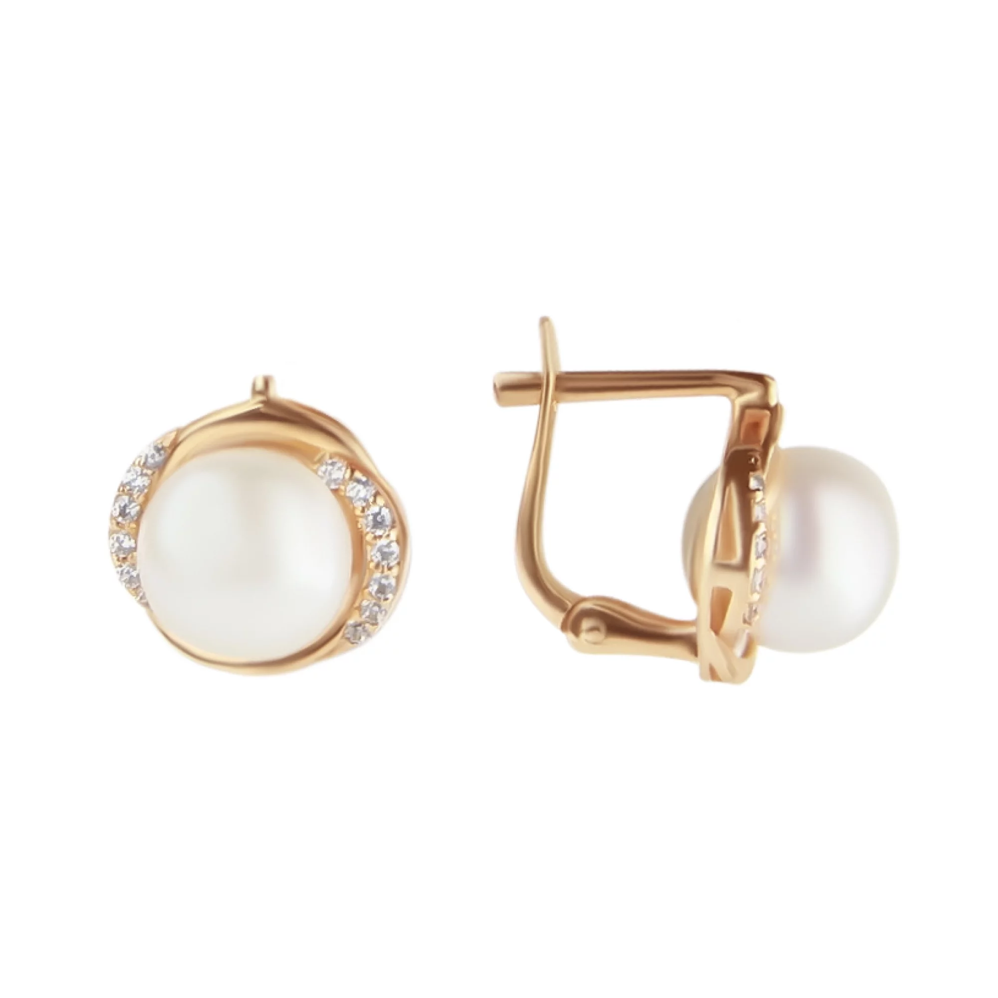 Золоті сережки з білими перлами і фіанітами - 803102 – зображення 1
