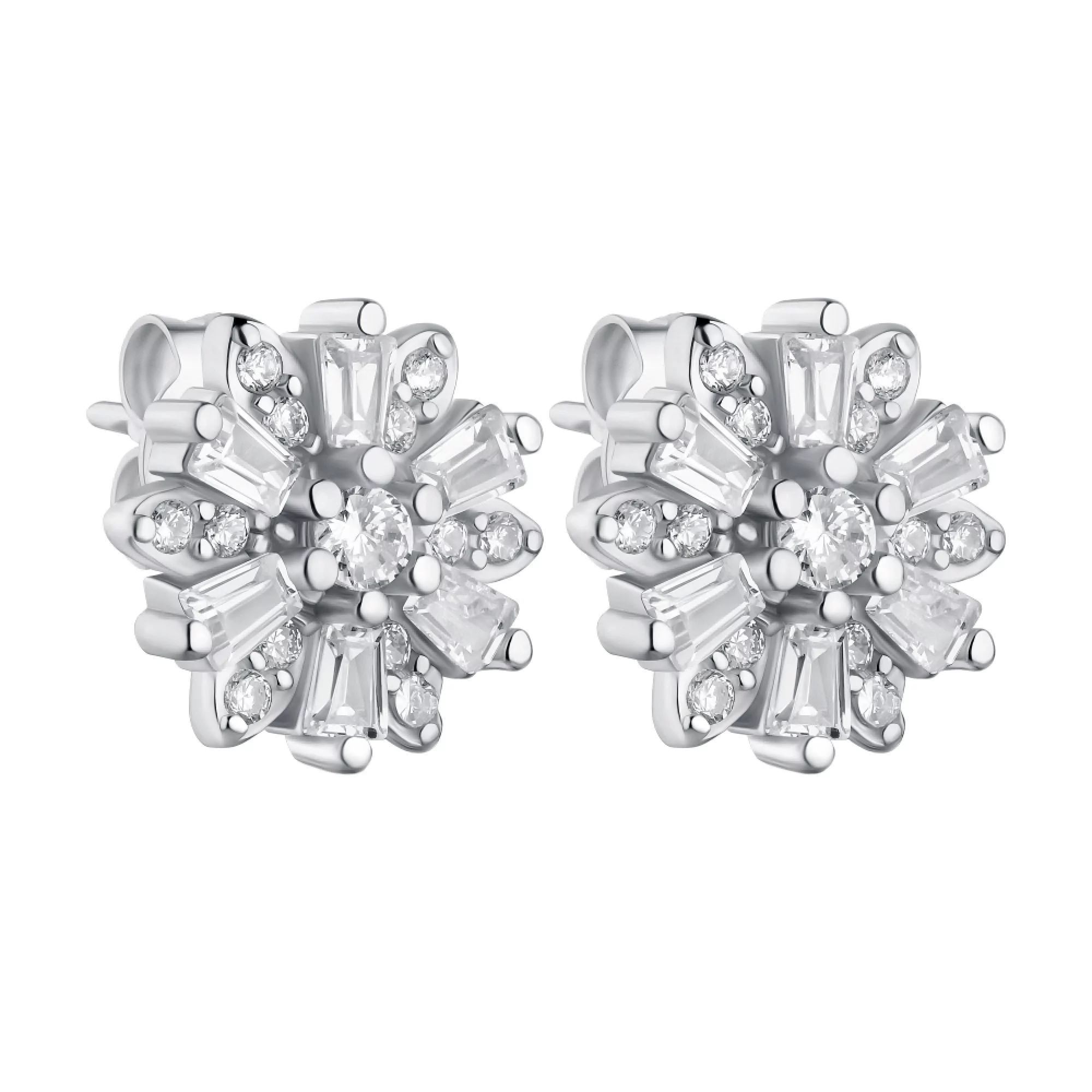 Сережки-гвоздики из серебра "Цветочек" с фианитом - 1450281 – изображение 1