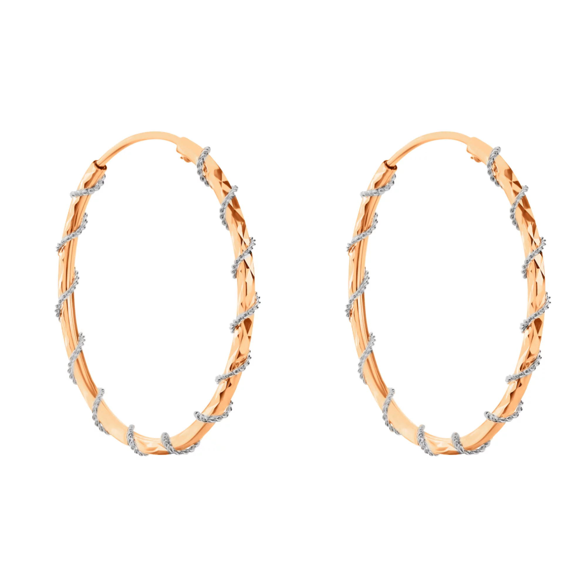 Сережки-кільця з комбінованого золота з алмазною гранню - 965184 – зображення 1
