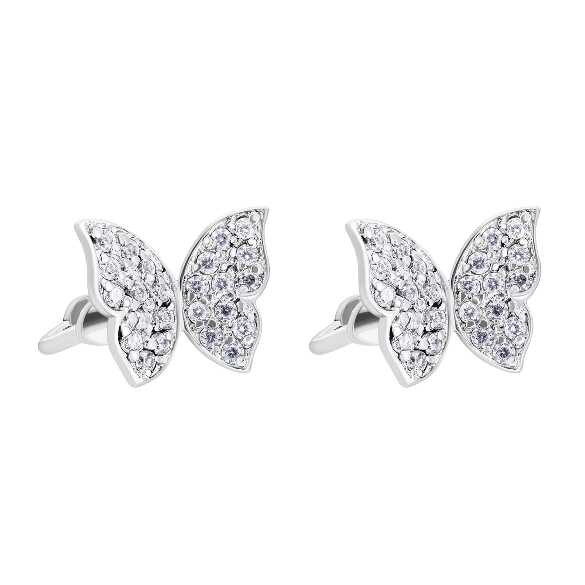 Срібні сережки-гвоздики з розсипом фіанітів "Метелик" - 1579436 – зображення 1
