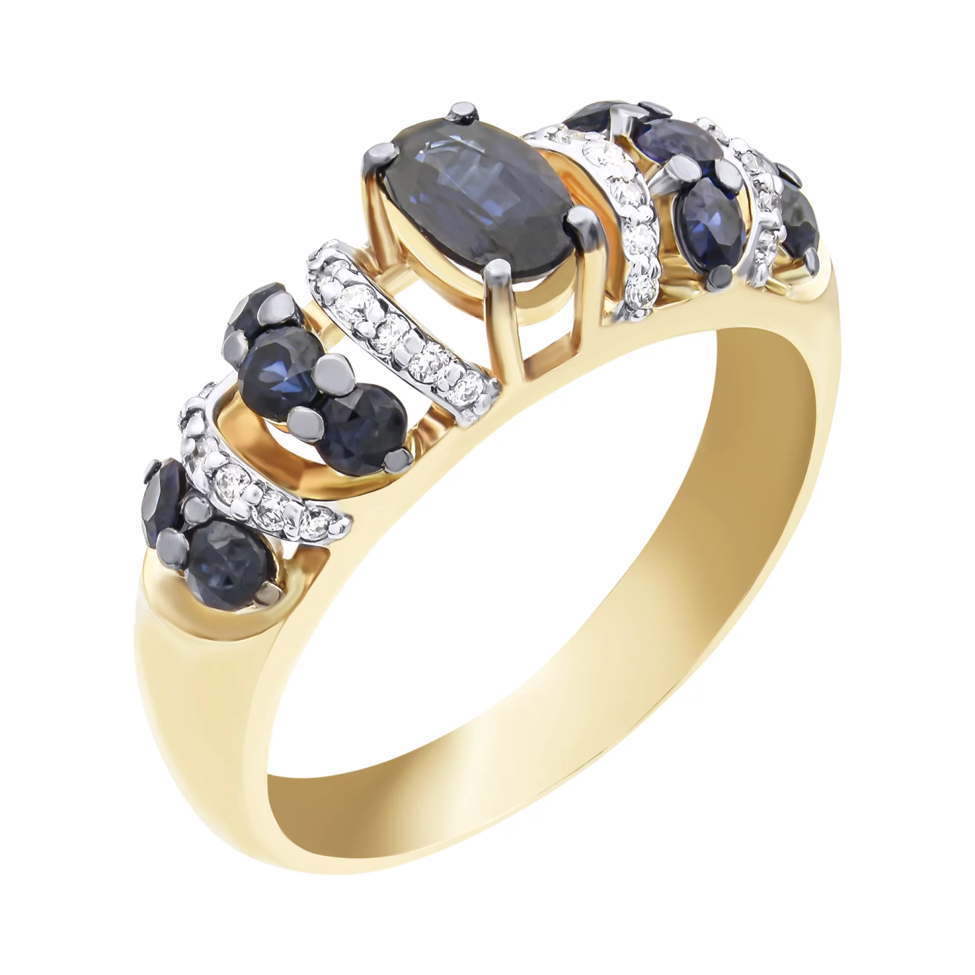 Кольцо золотое с бриллиантами и сапфирами - 855738 – изображение 1