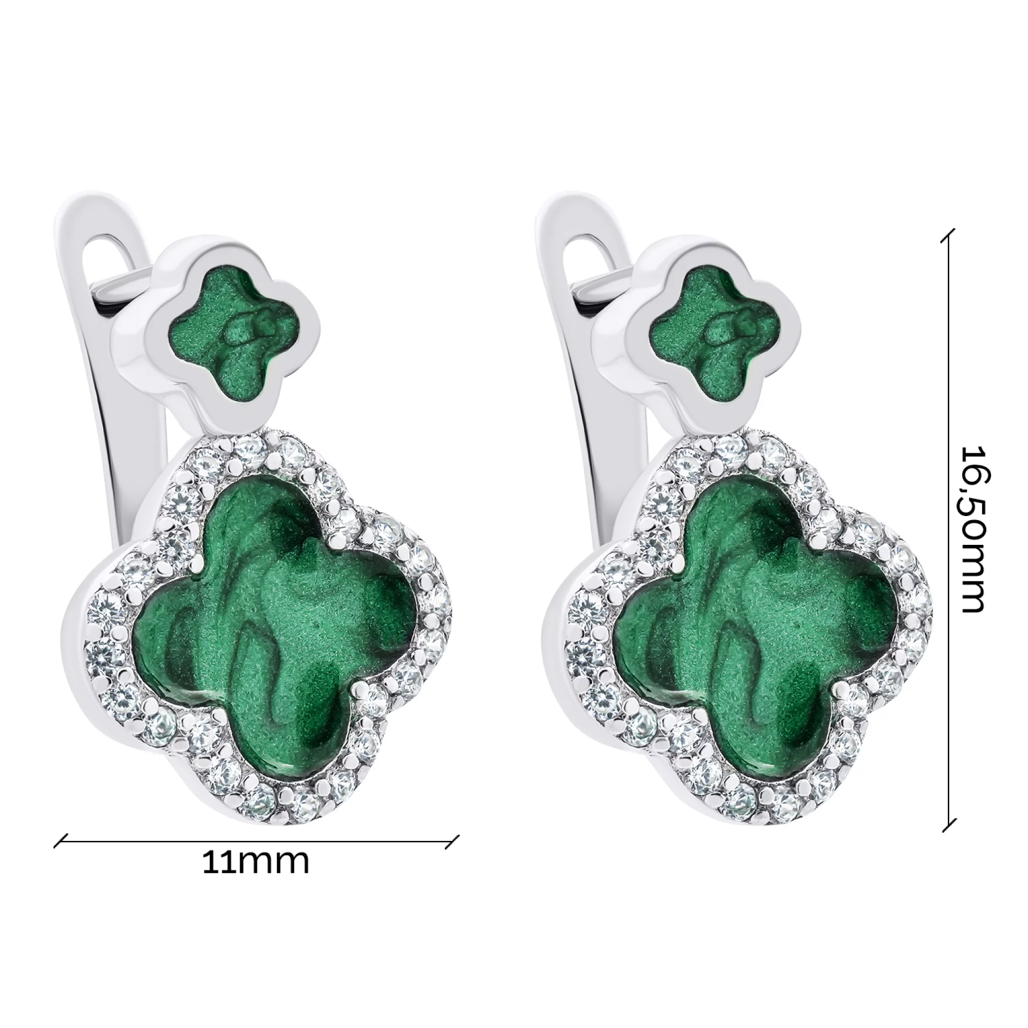 Сережки зі срібла "Конюшина" з фіанітами та емаллю - 1521082 – зображення 3