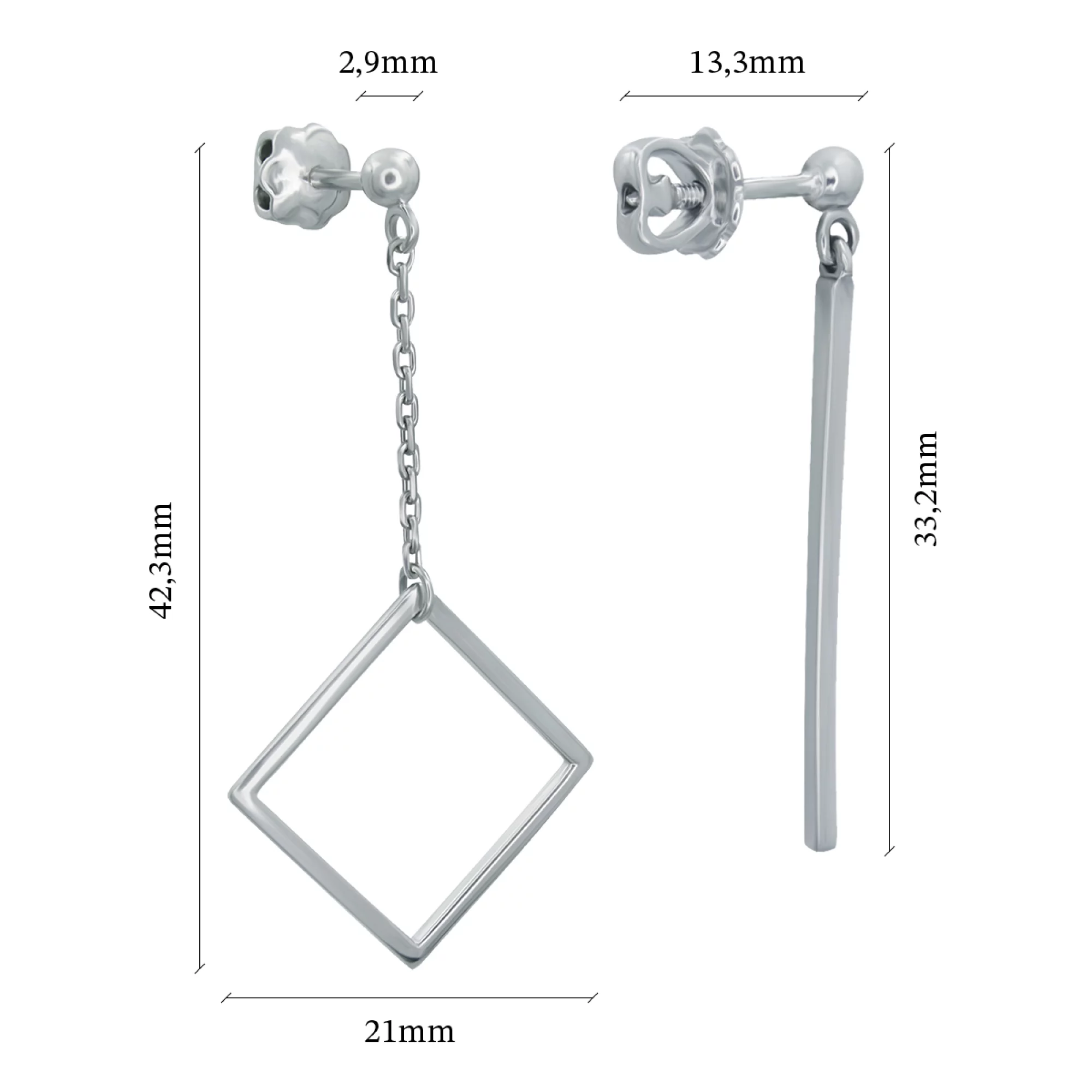 Сережки-гвоздики срібні з підвісами у стилі геометрія - 902836 – зображення 2