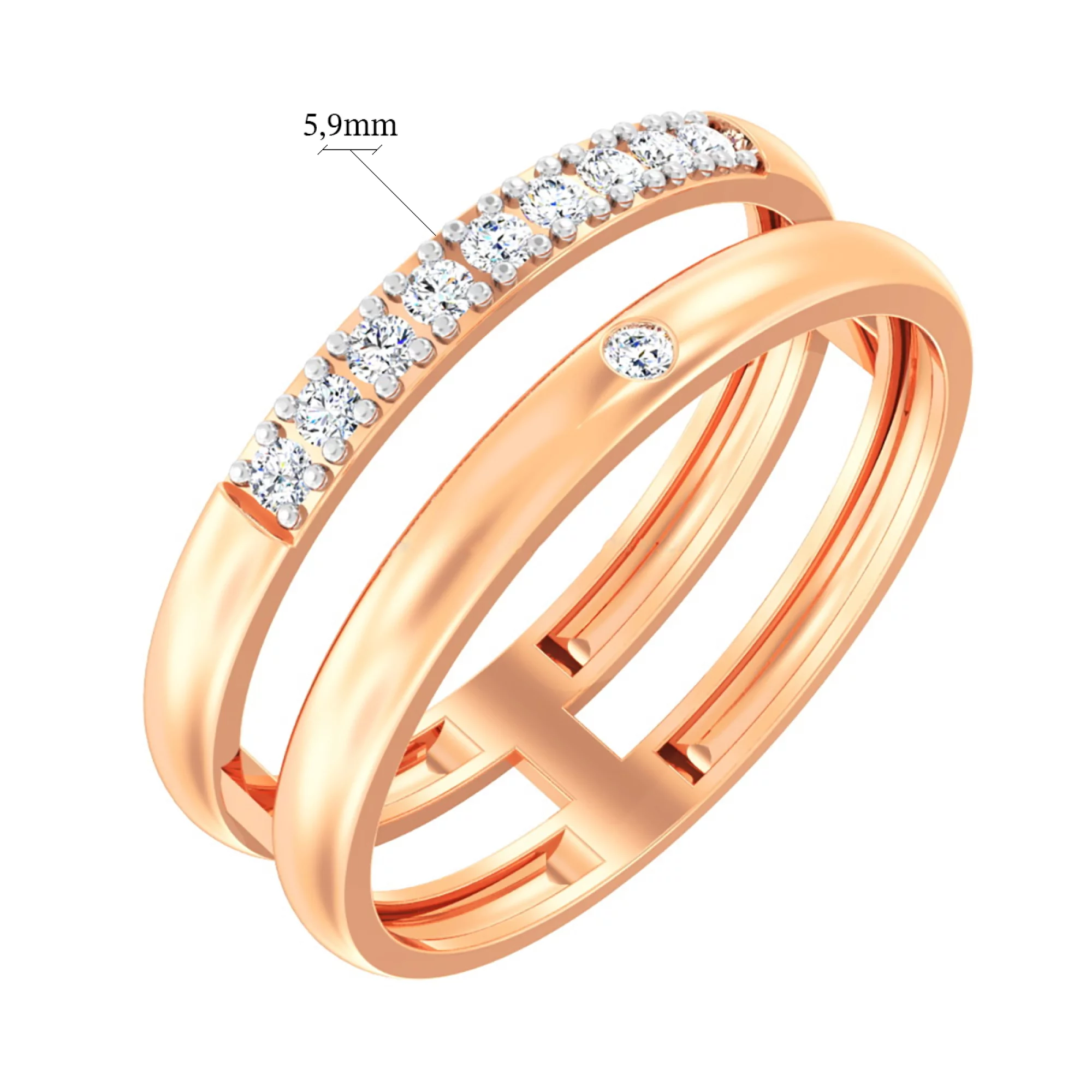 Двойное кольцо с фианитом из красного золота - 585406 – изображение 2