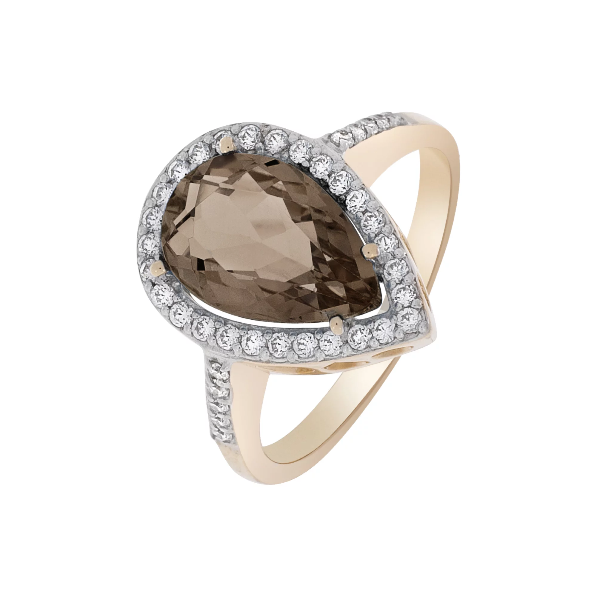 Золотое кольцо с дымчатым кварцем и фианитами - 538362 – изображение 1