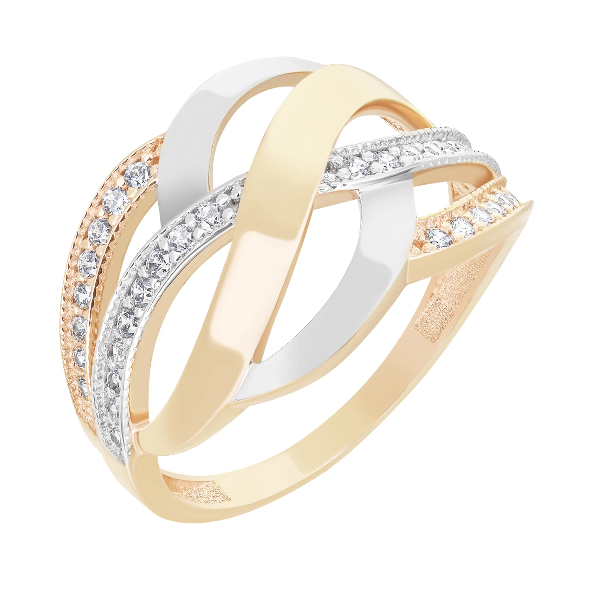 Кольцо в красном и белом золоте "Переплетение" с фианитами - 1743833 - 1