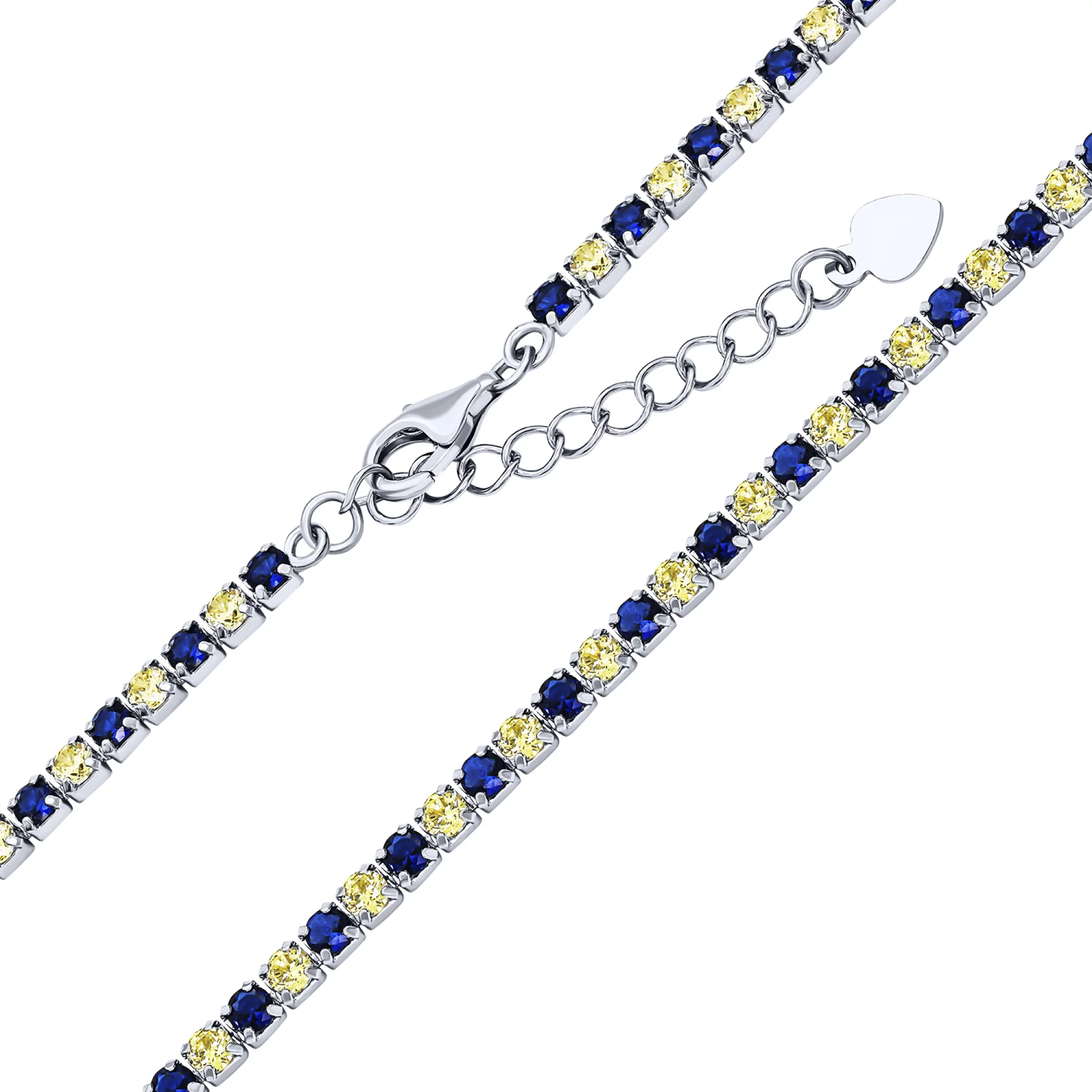 Тенісний срібний браслет із синіми та жовтими фіанітами - 1644543 – зображення 2