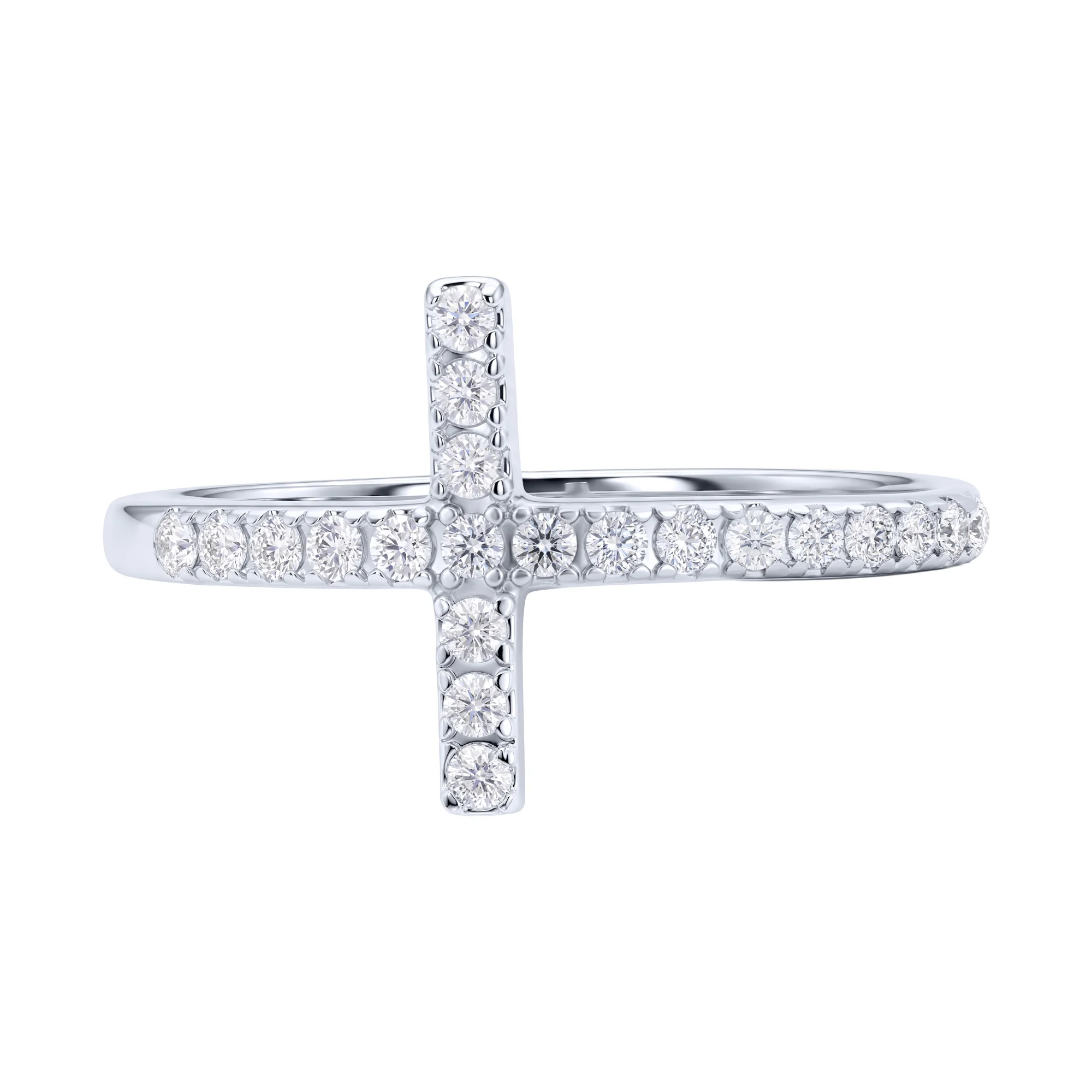 Серебряное кольцо в форме крестика с дорожкой фианитов - 1549832 - 2