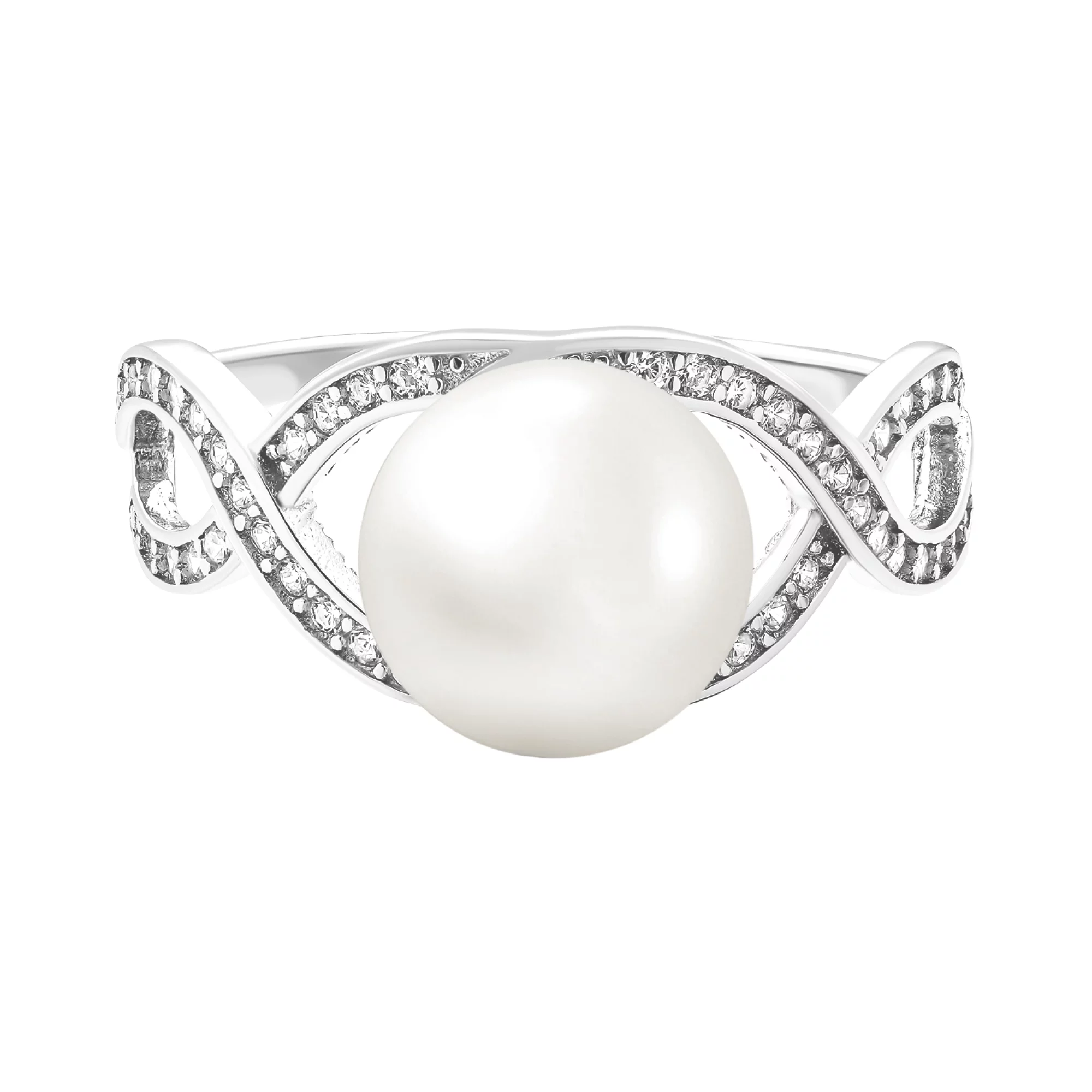 Серебряное кольцо с жемчугом и фианитами "Переплетение" - 1524774 – изображение 2
