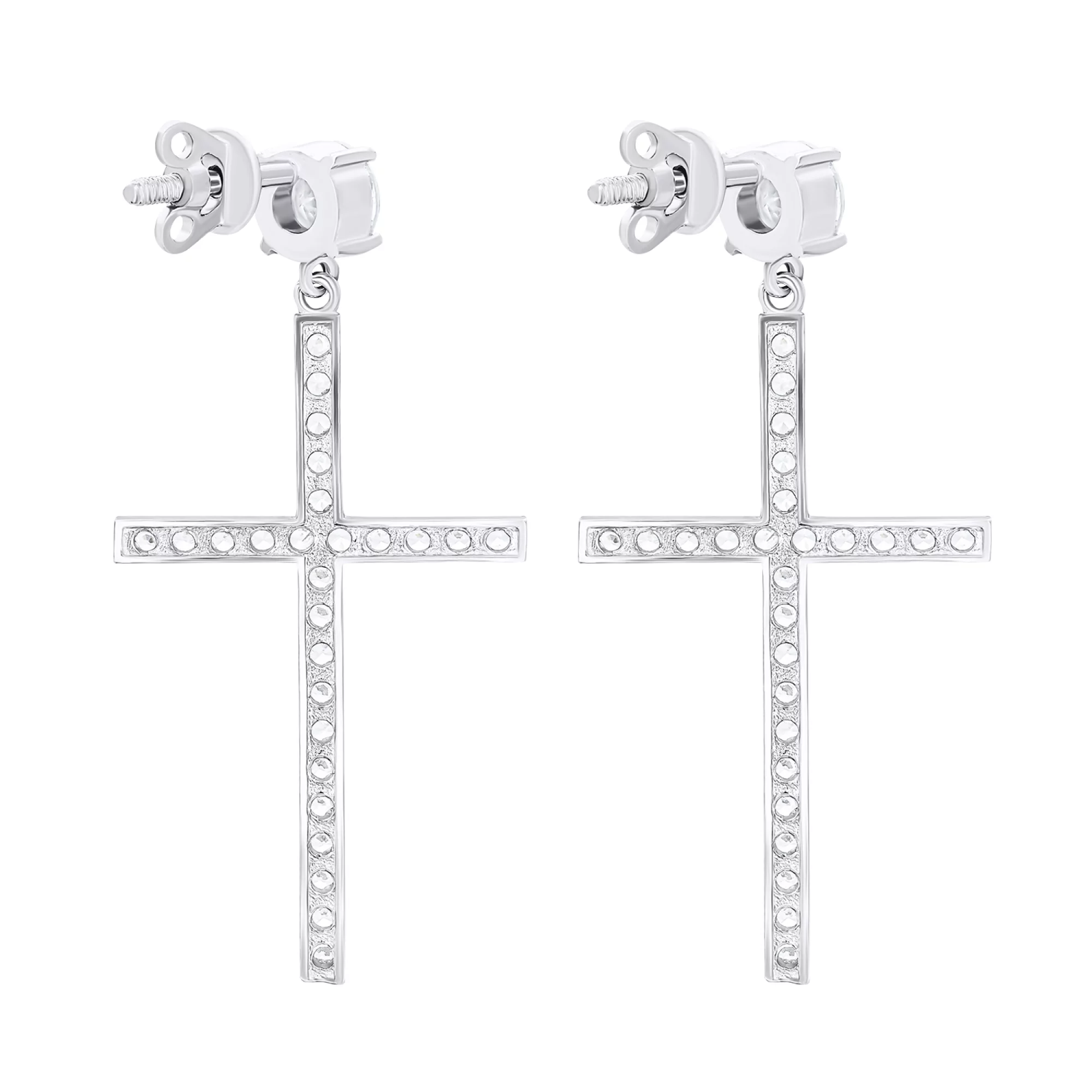 Сережки-гвоздики зі срібла з підвісками "Хрестики" з фіанітами - 1548777 – зображення 2