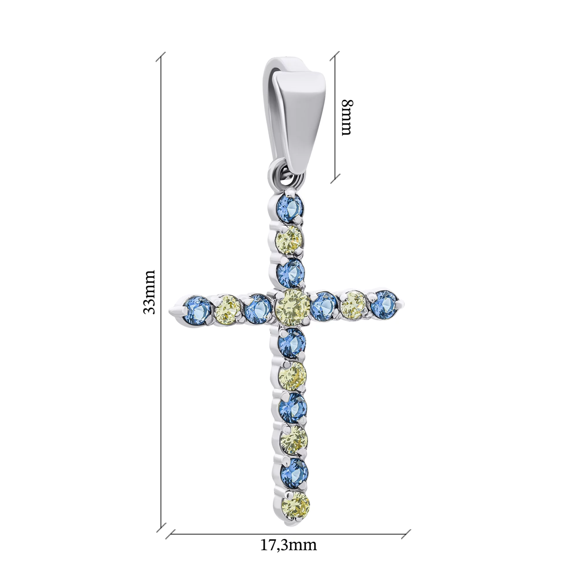 Хрестик зі срібла з синьо-жовтими фіанітами - 1546628 – зображення 2