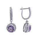Серьги с подвесом с аметистом и фианитами в белом золоте - 628950