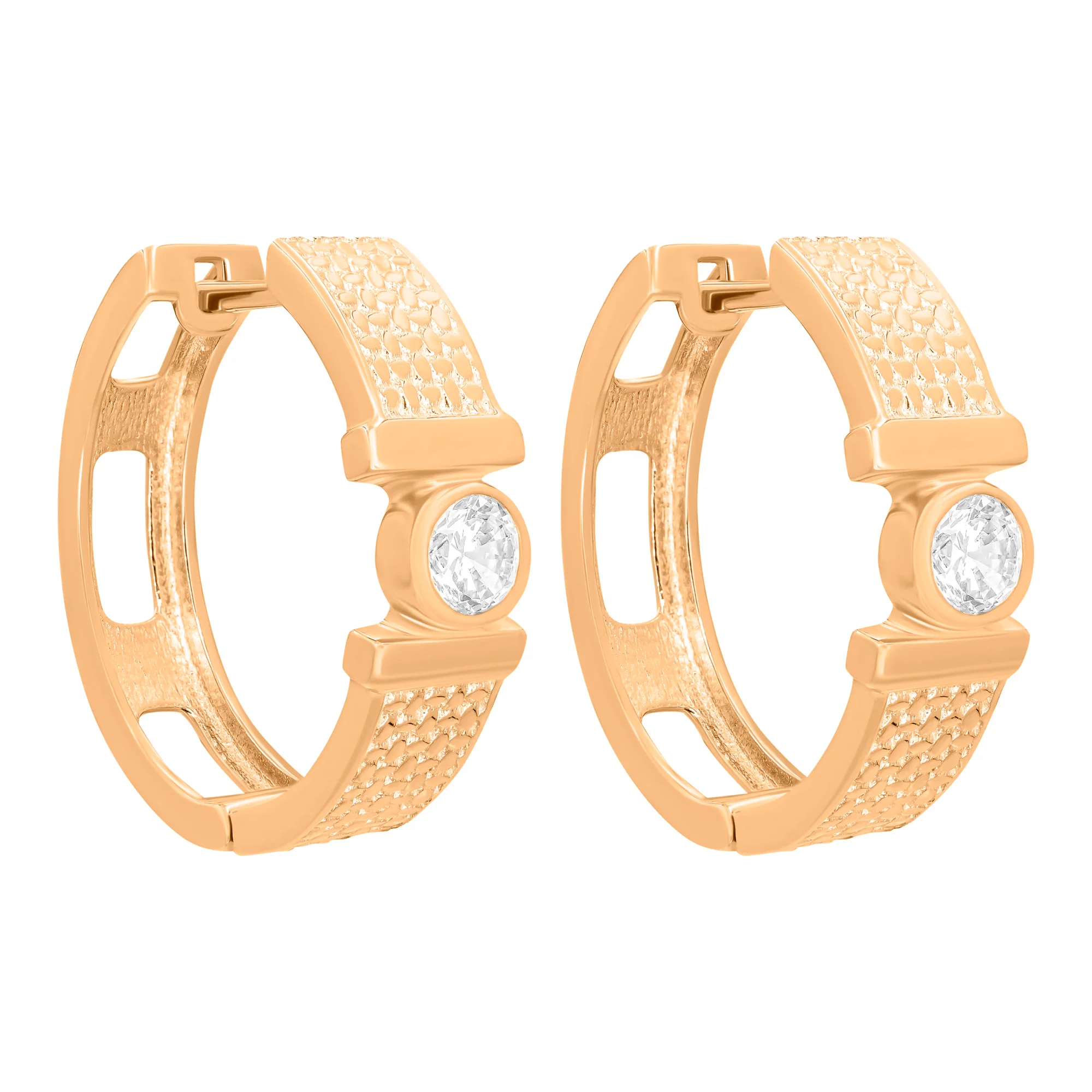 Сережки-кольца из красного золота с фианитом - 890801 - 1