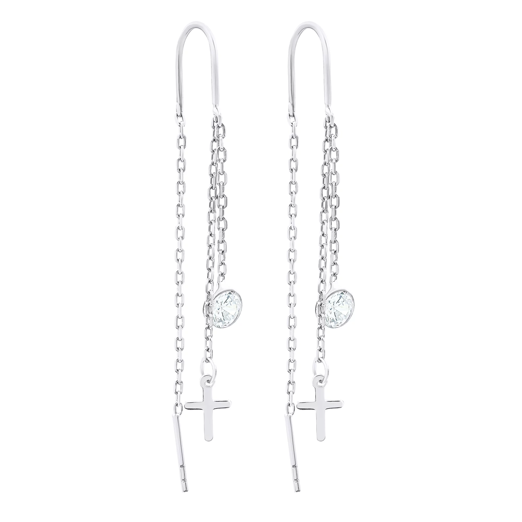 Серьги-протяжки из серебра с подвесками крестиками и фианитами - 1520643 – изображение 1